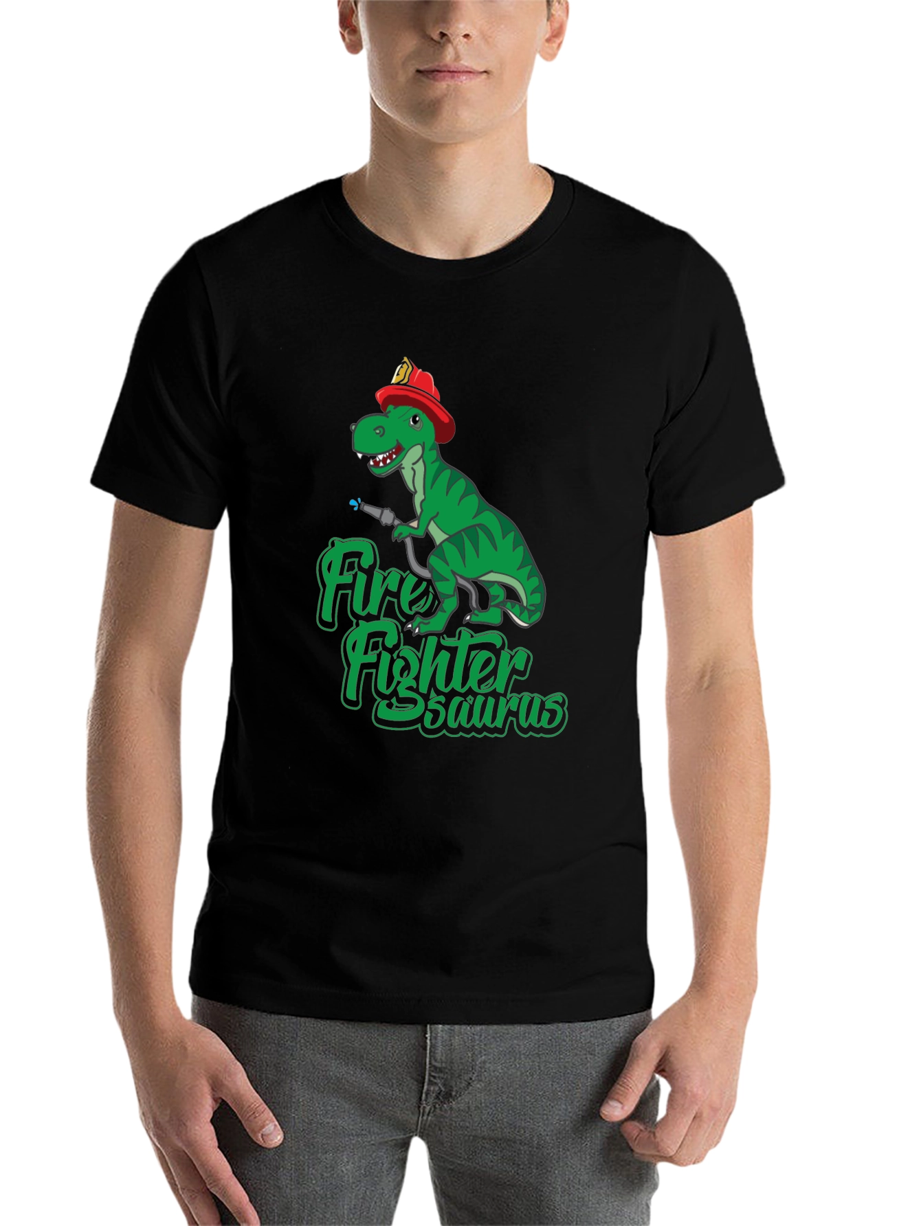 Black Firefighter Dinosaur T-Shirt - Dino Fireman Tee view 7