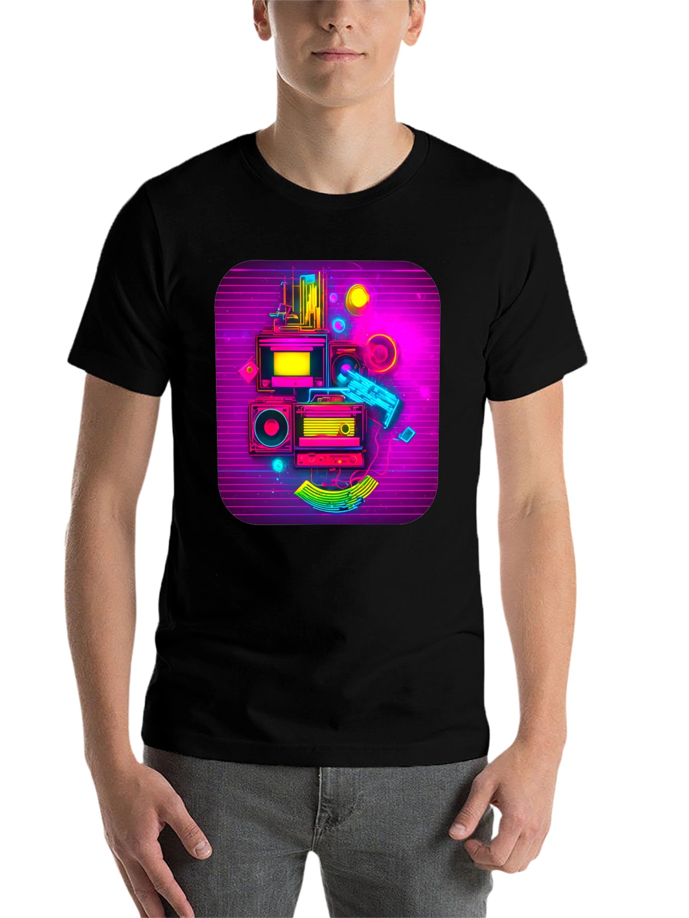 Black Retro Synthwave Music Graphic Tee view 7