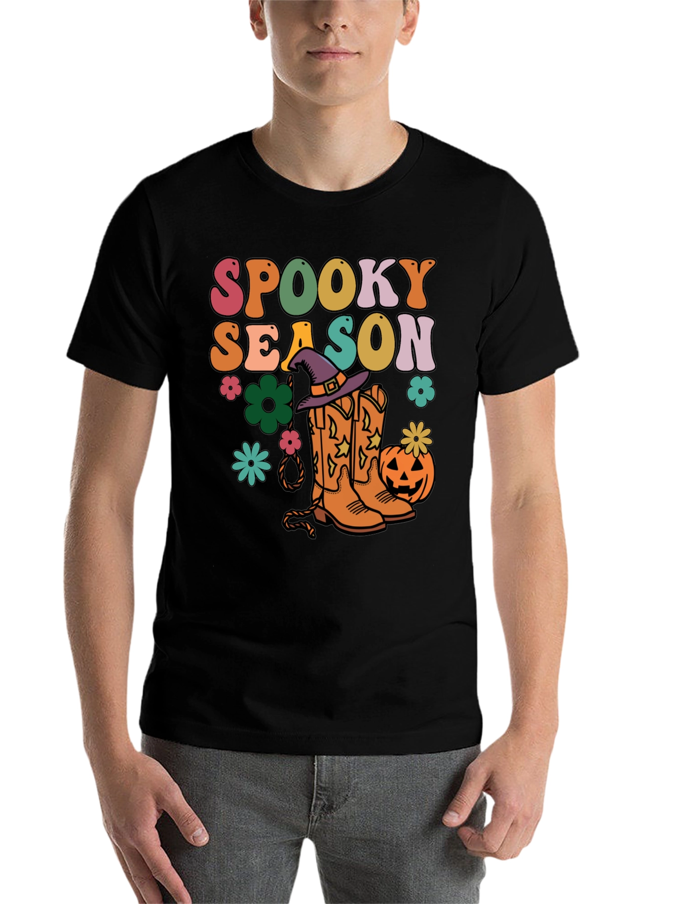 Black Spooky Season Retro Halloween T-Shirt view 7
