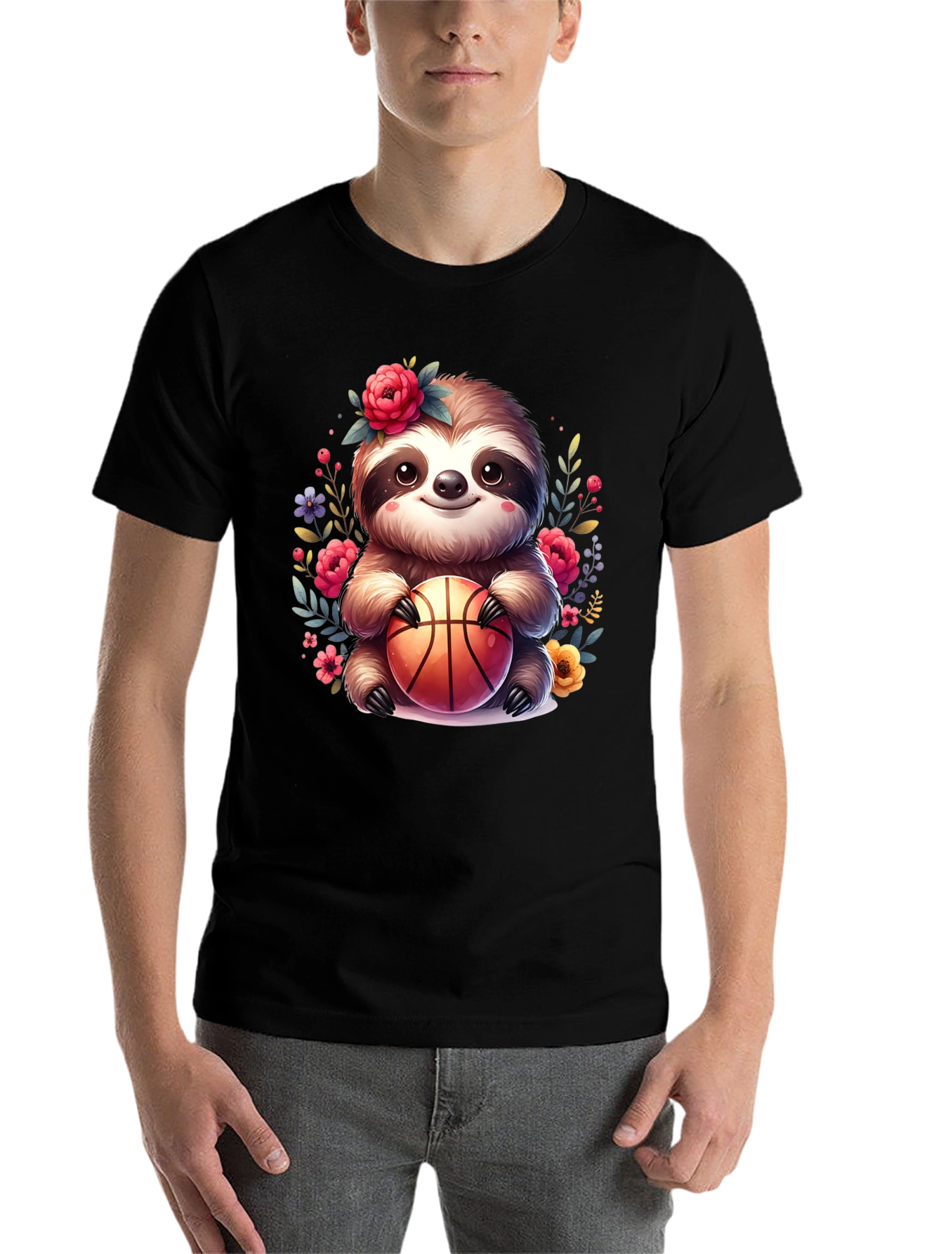 Black Sloth Basketball T-Shirt - Floral Cute Design view 7
