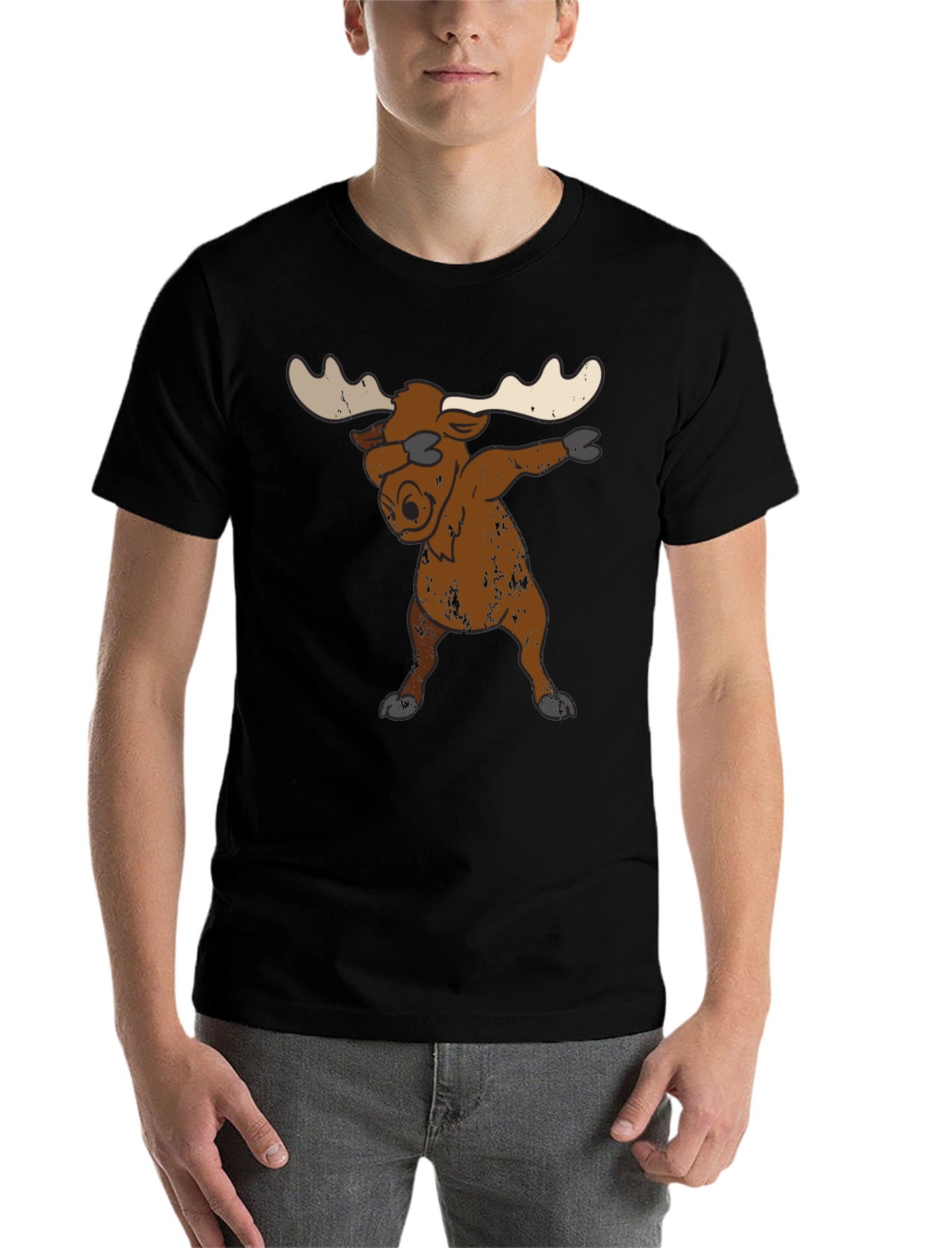 Black Dabbing Moose Graphic Tee - Unique Animal T-Shirt view 7