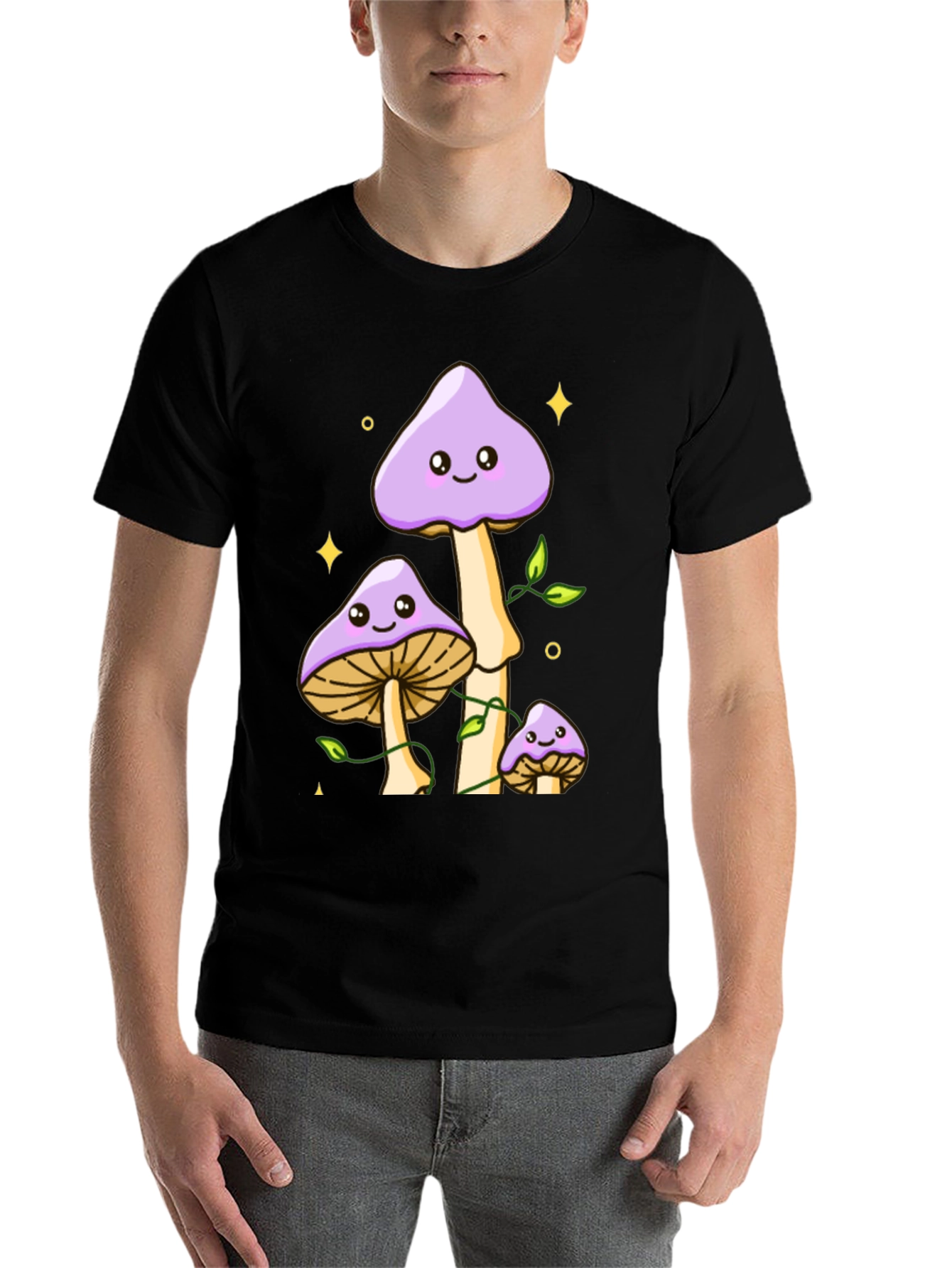 Black Cute Mushroom Graphic Tee - Black Cotton Shirt view 7