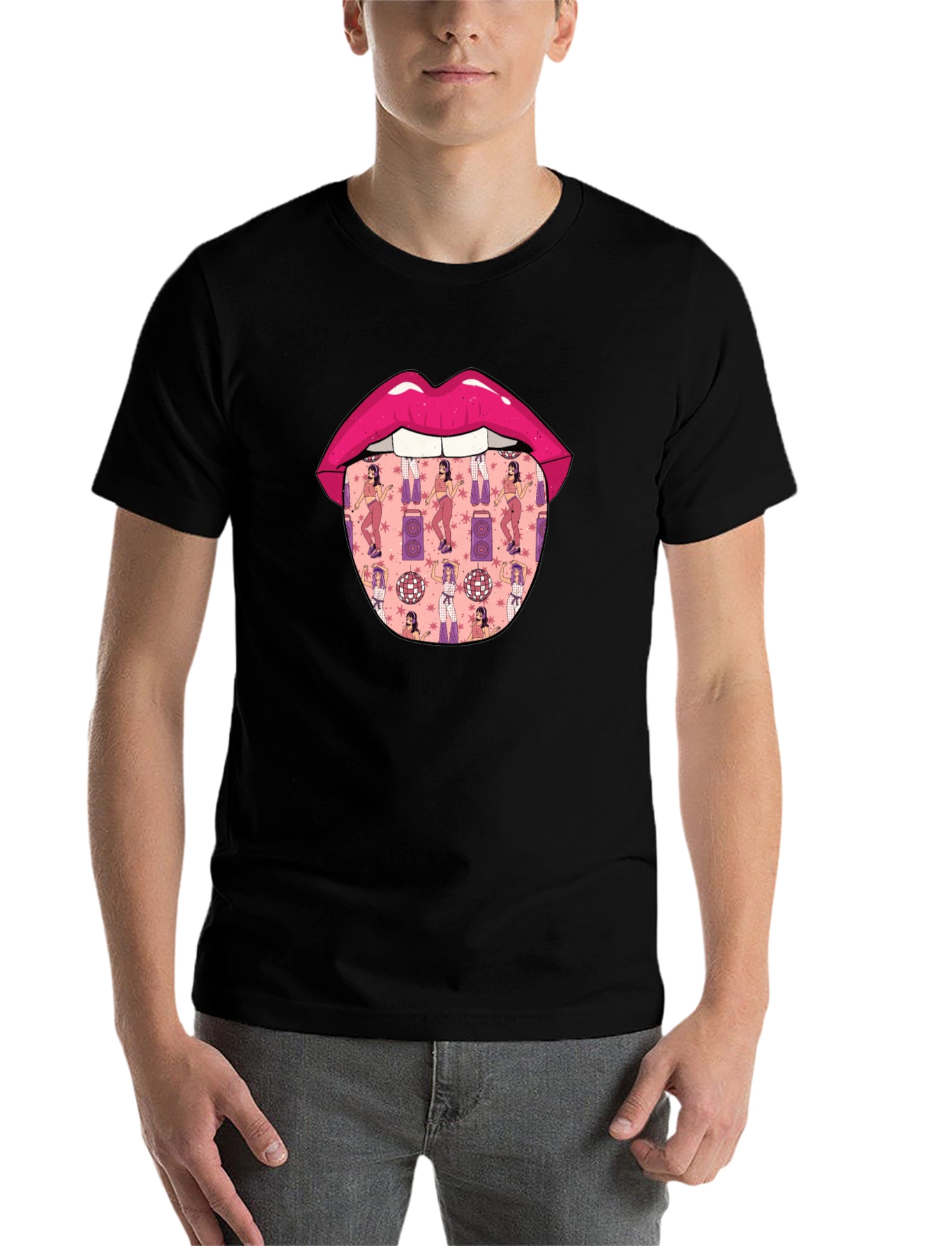 Black Novelty Lips Tongue Disco Pattern T-Shirt view 7