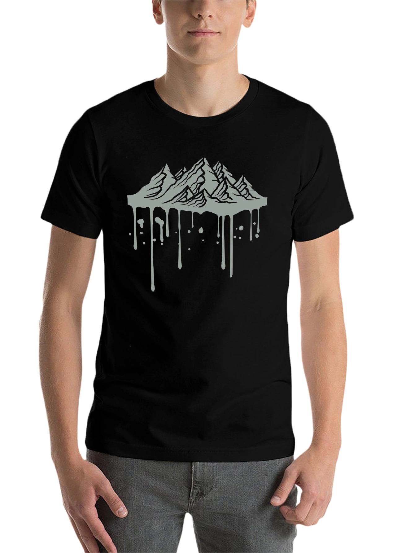 Black Men's Black Tee with Mountain Drip Design view 7