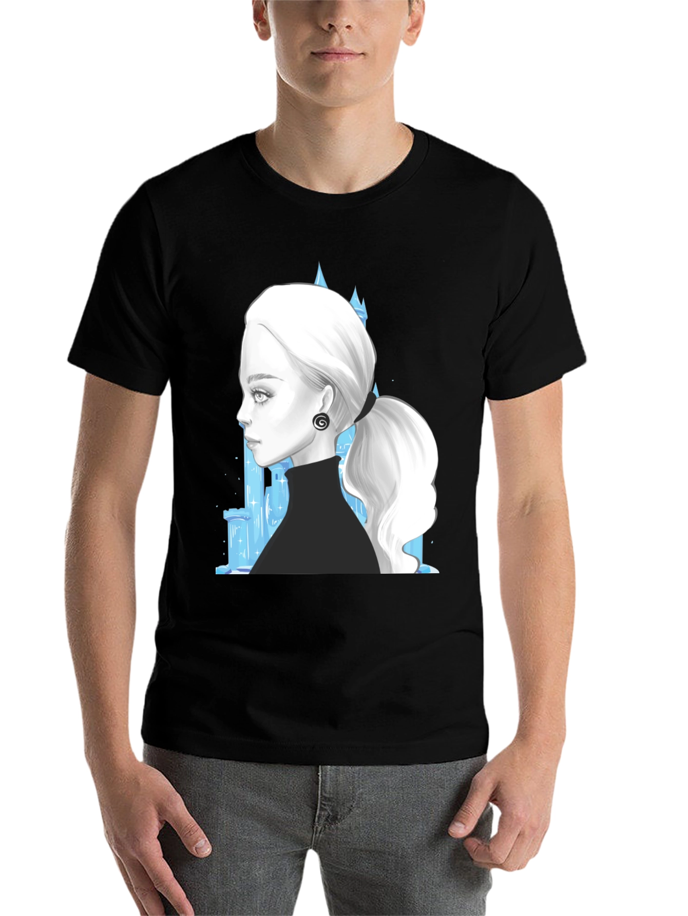 Black Elegant Woman & Ice Castle Graphic Black T-Shirt view 7