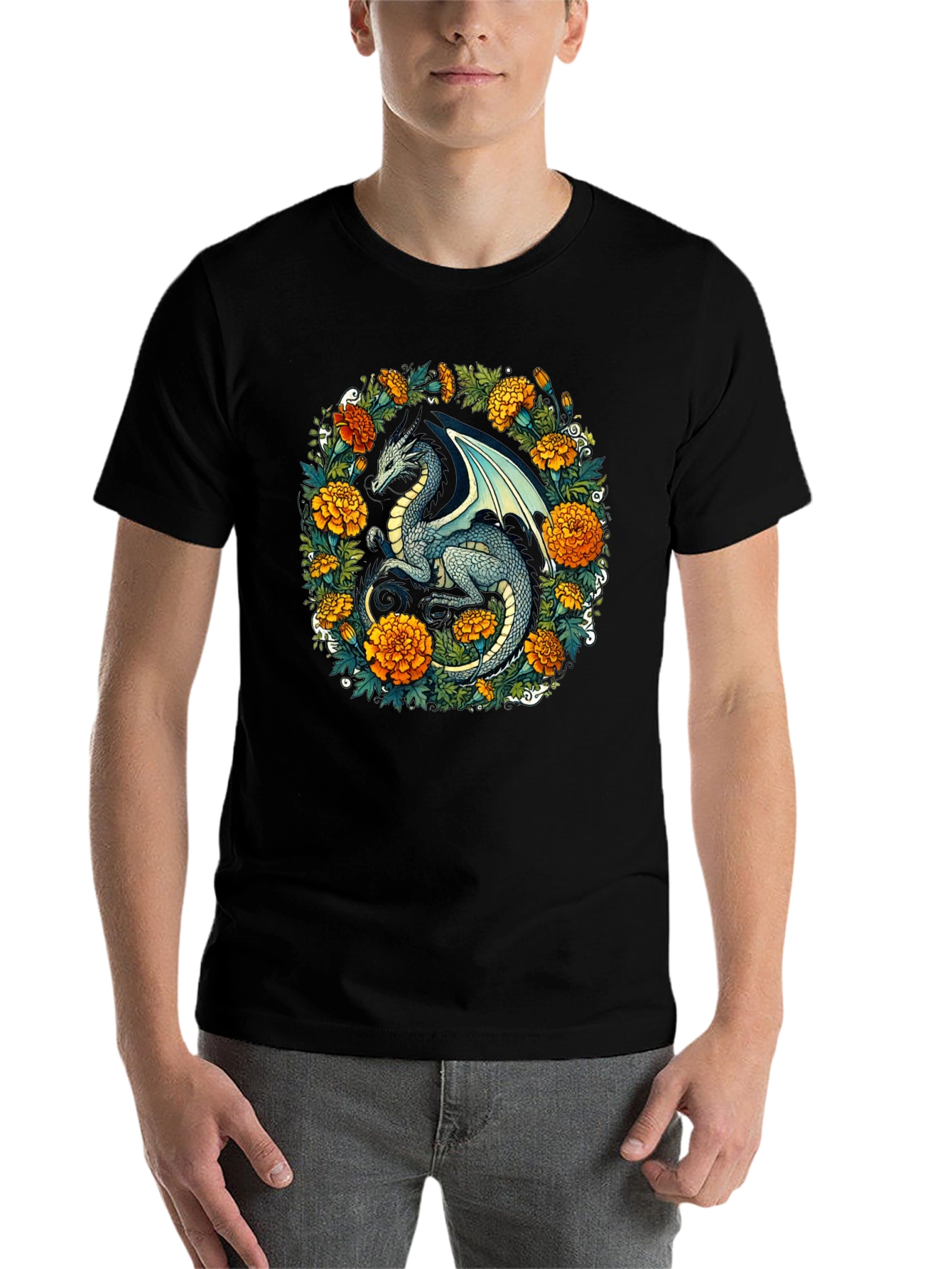 Black Dragon Floral T-Shirt - Fantasy Creature Graphic Tee view 7