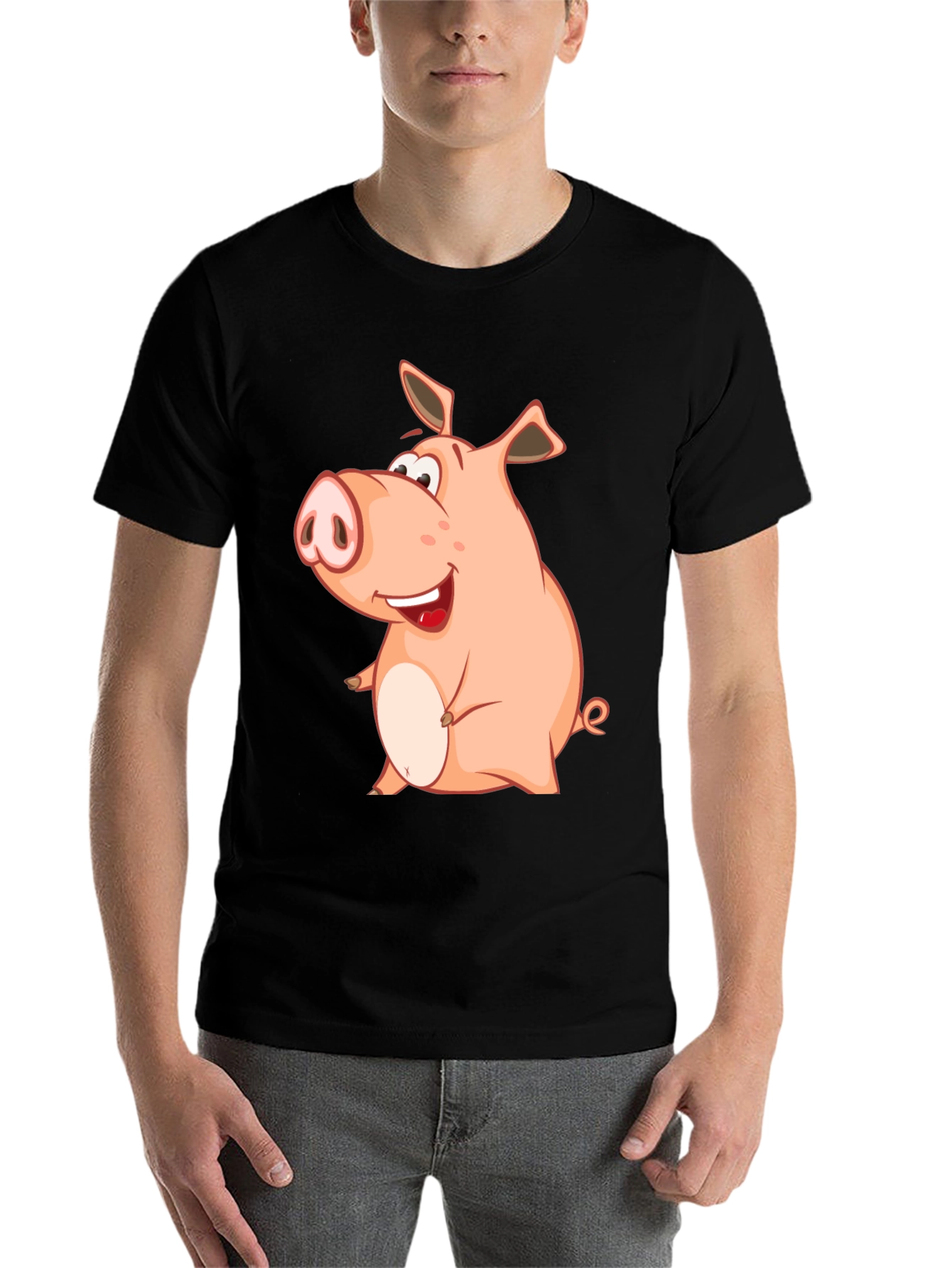 Black Funny Pig Cartoon Graphic Tee - Black Cotton Shirt view 7
