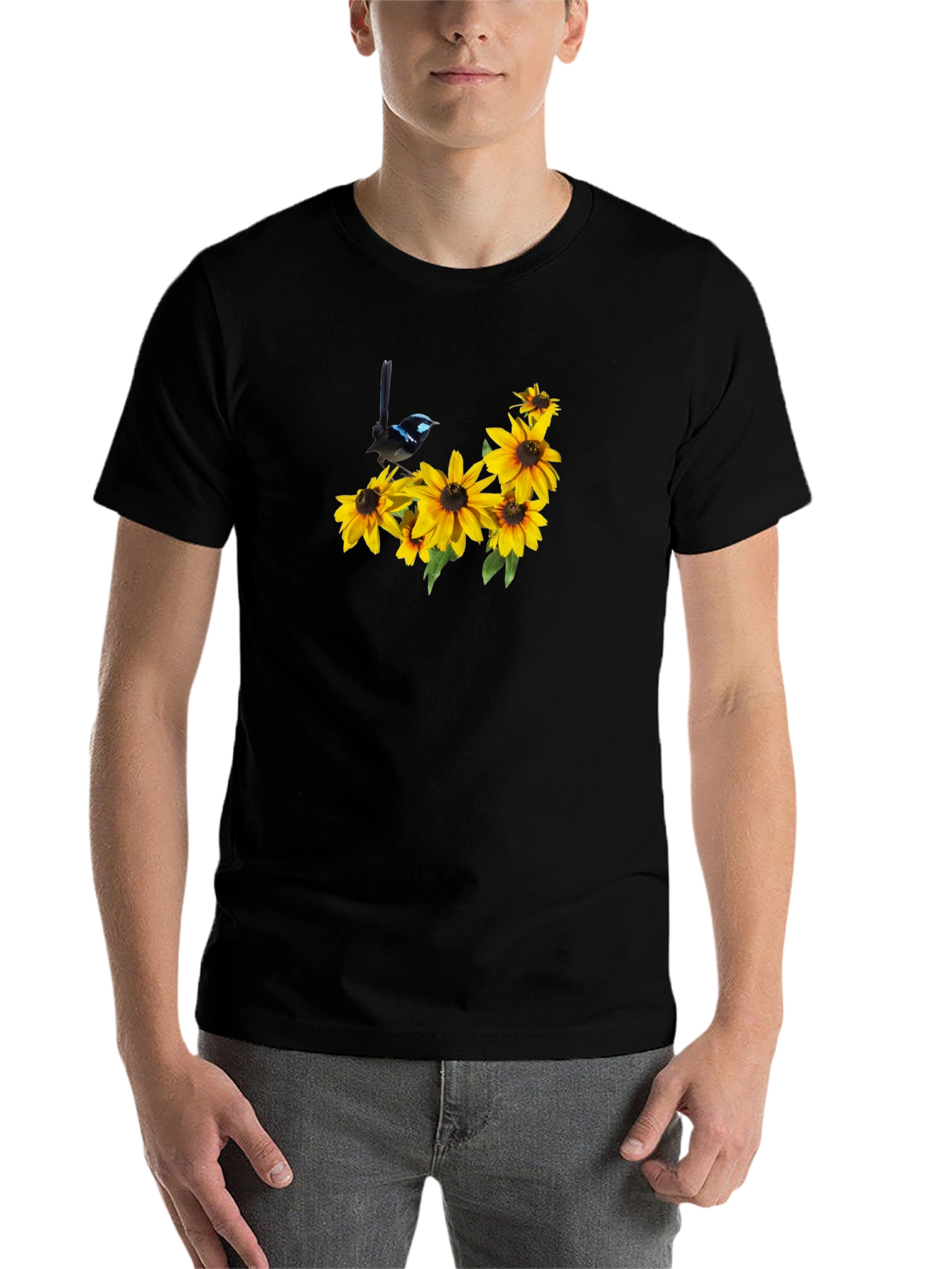 Black Black Tee with Bird and Sunflower Graphic view 7