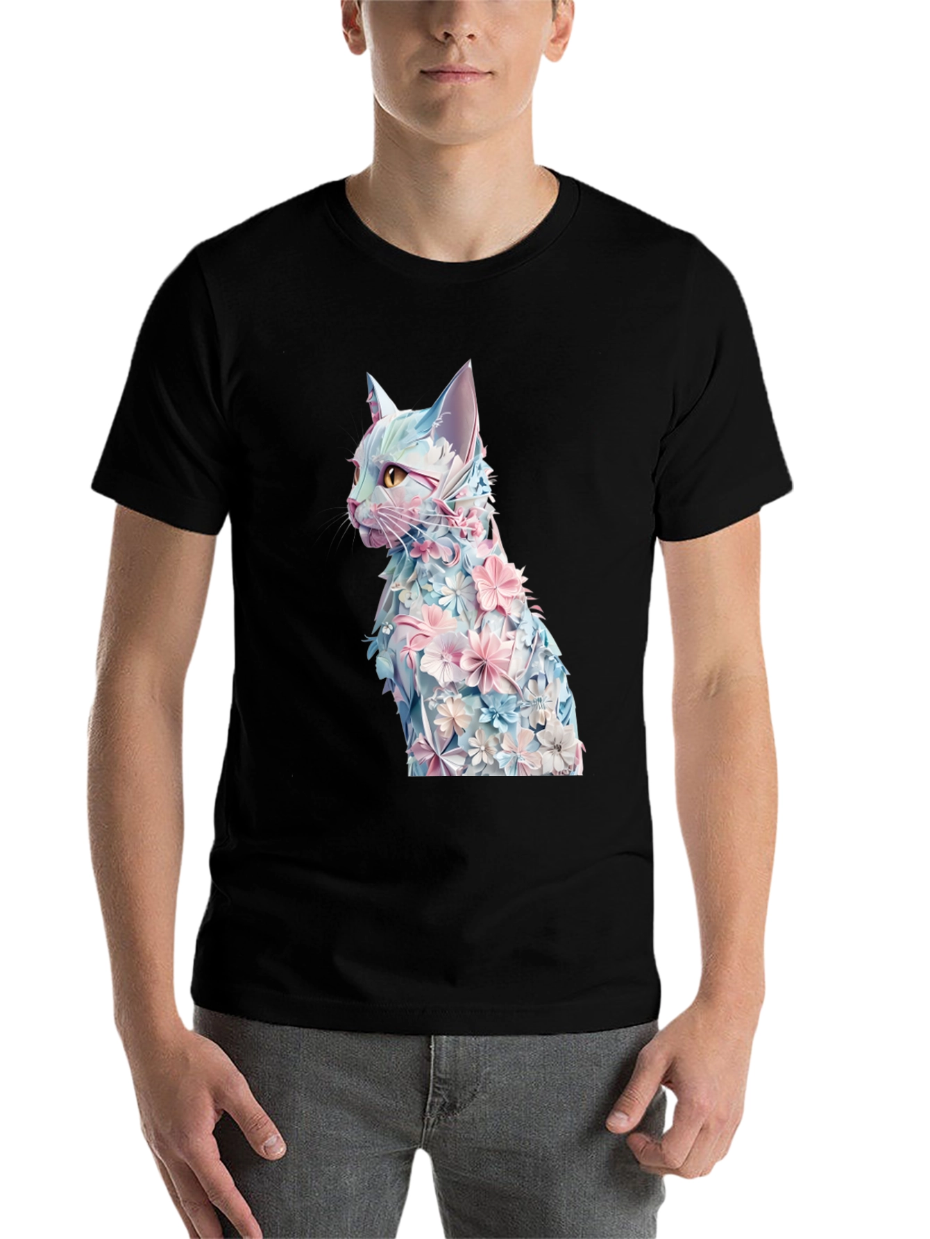 Black Floral Cat Graphic Tee - Stylish Black T-Shirt view 7