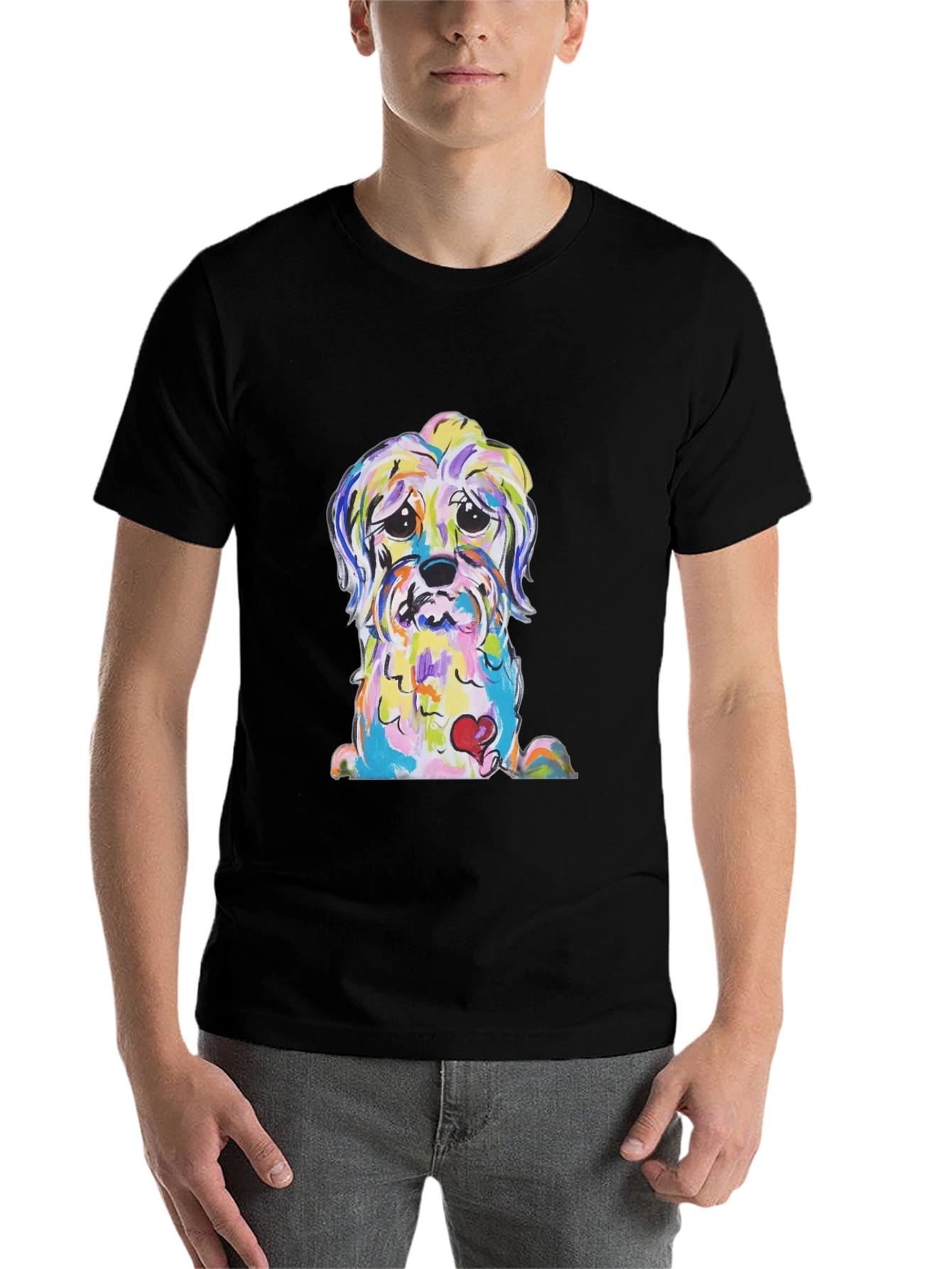 Black Dog With Heart Colorful Graphic T-Shirt view 7
