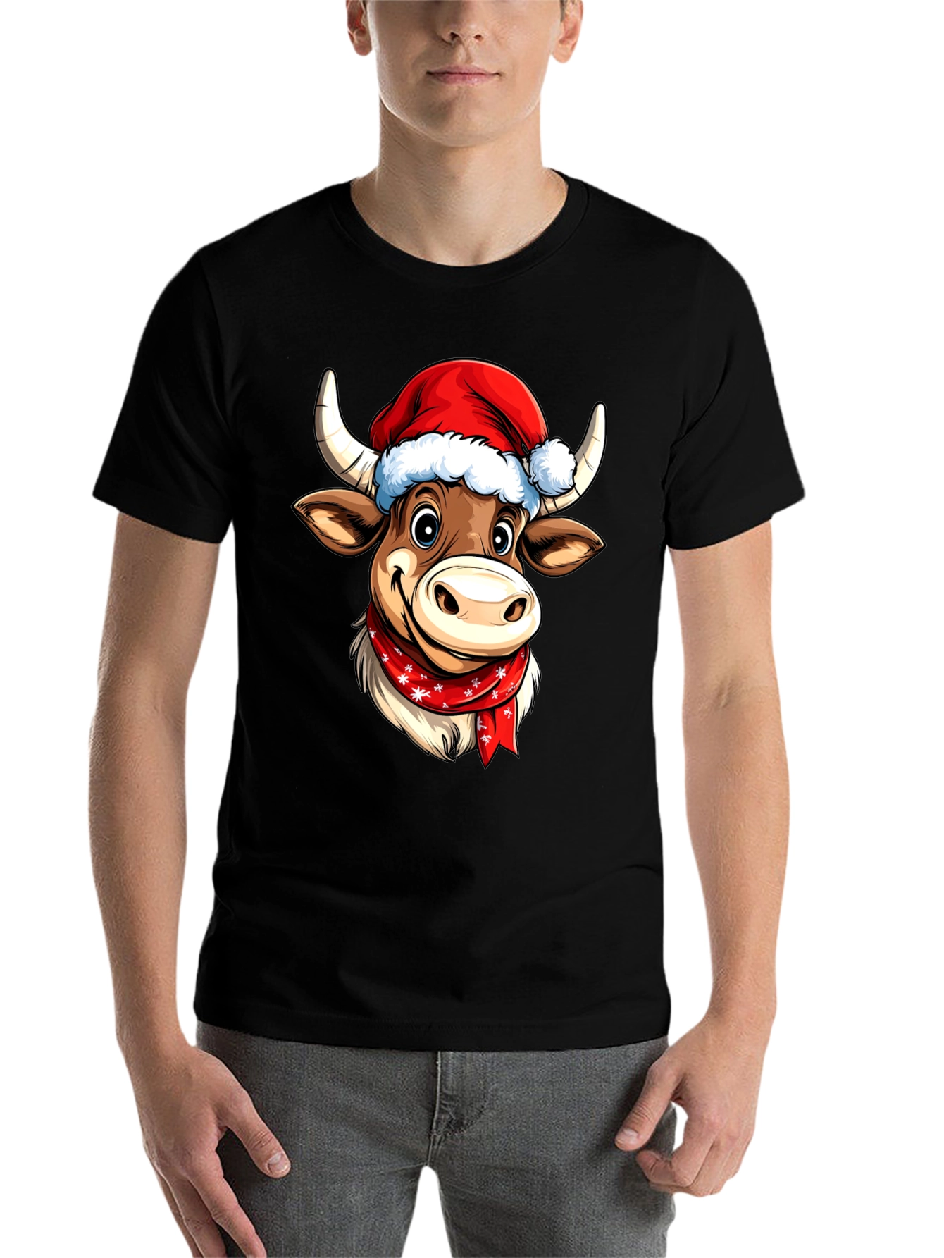 Black Festive Cartoon Cow T-Shirt view 7