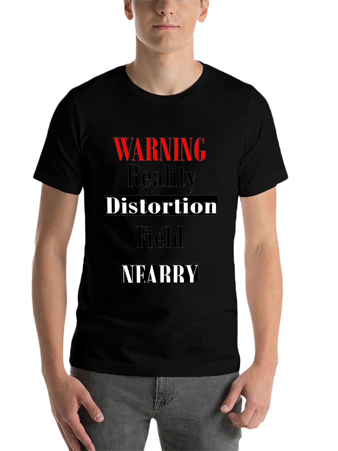 Black Warning Reality Distortion Field Mens T-Shirt view 7