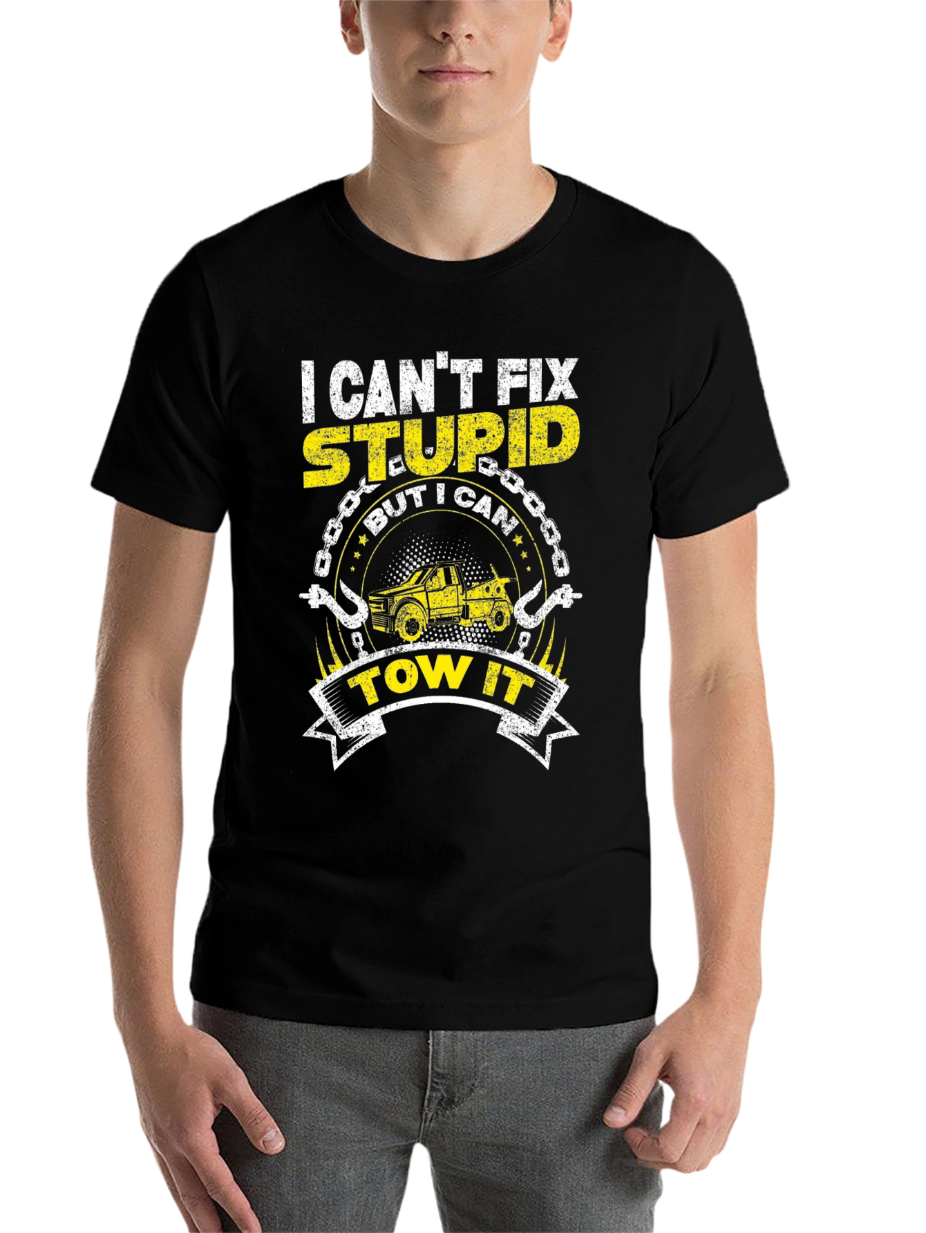 Black I Can't Fix Stupid Funny Tow Trucker T-Shirt view 7