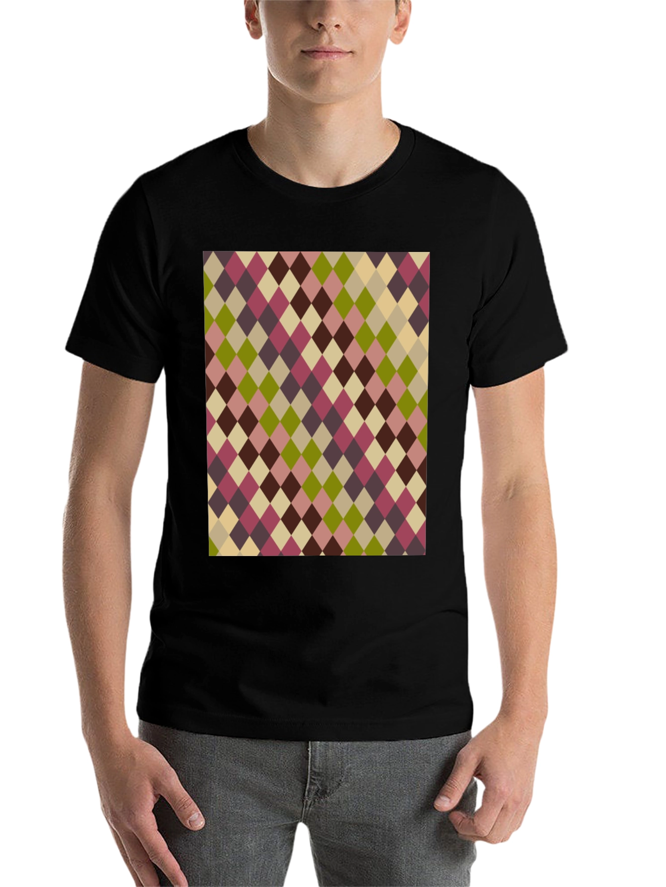 Black Retro Argyle Pattern Black T-Shirt view 7