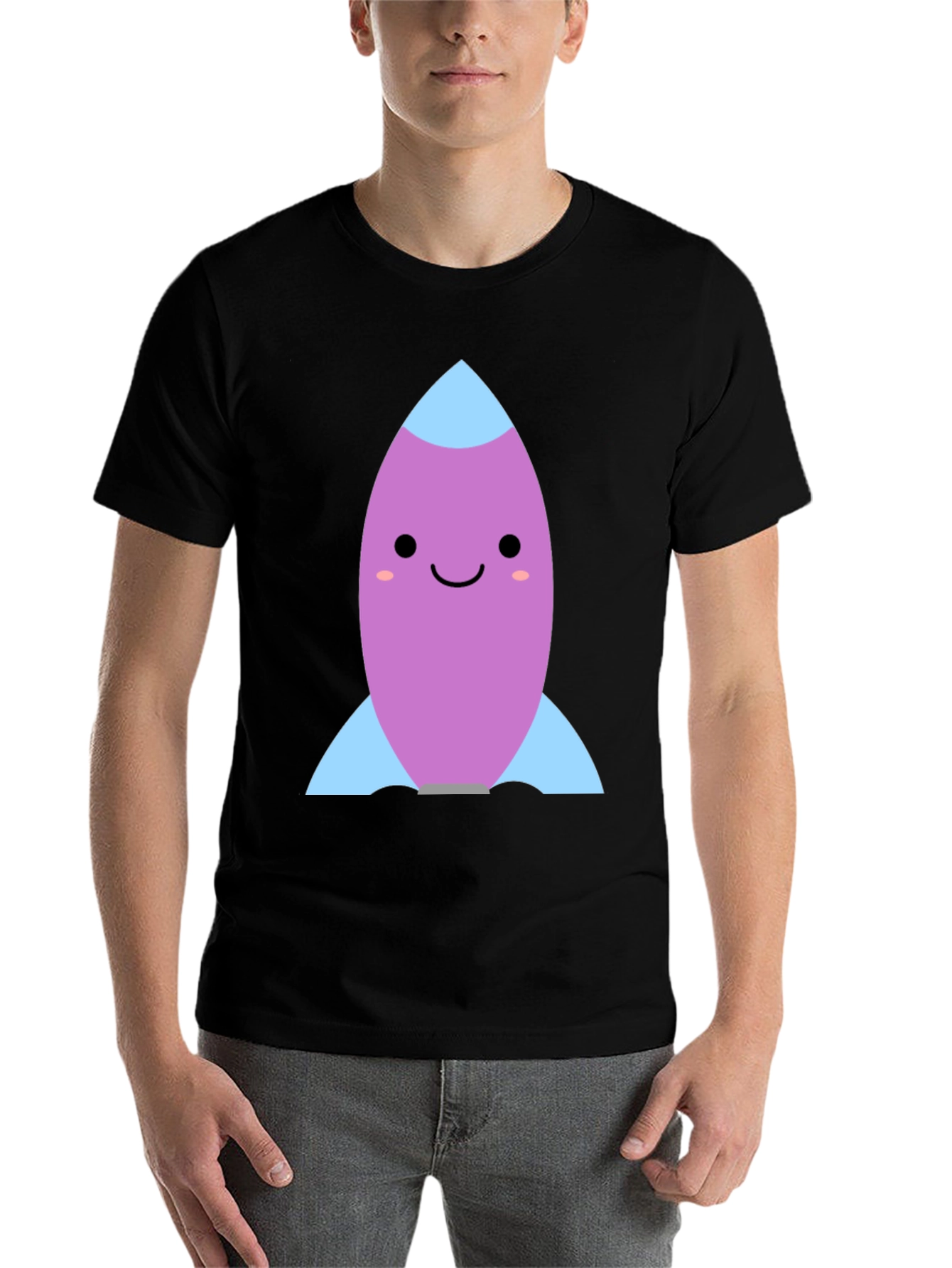 Black Cute Cartoon Rocket Graphic Tee - Black view 7