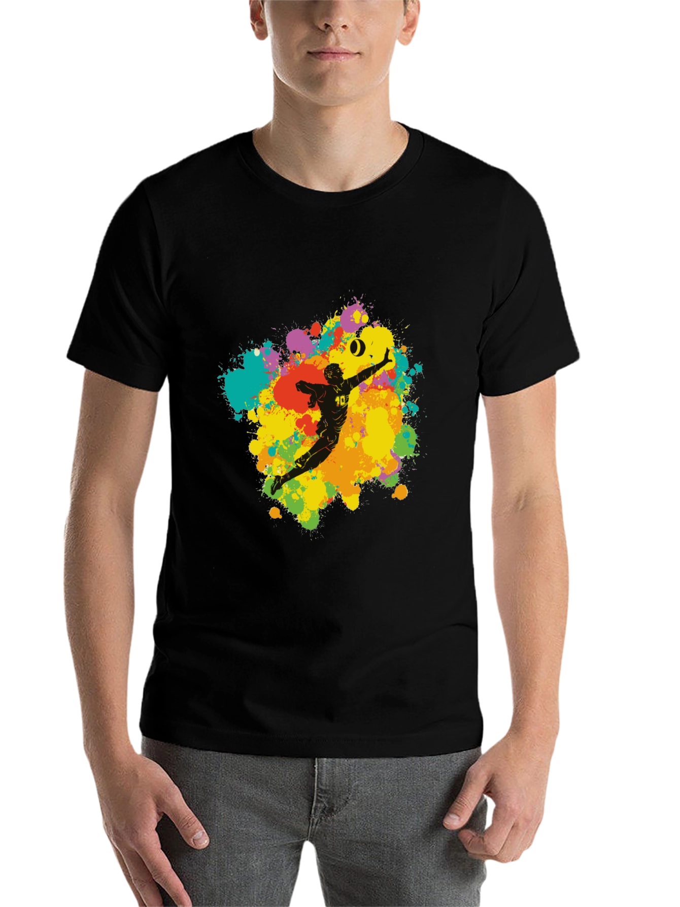 Black Volleyball Player Art T-Shirt - Colorful Splash Design view 7