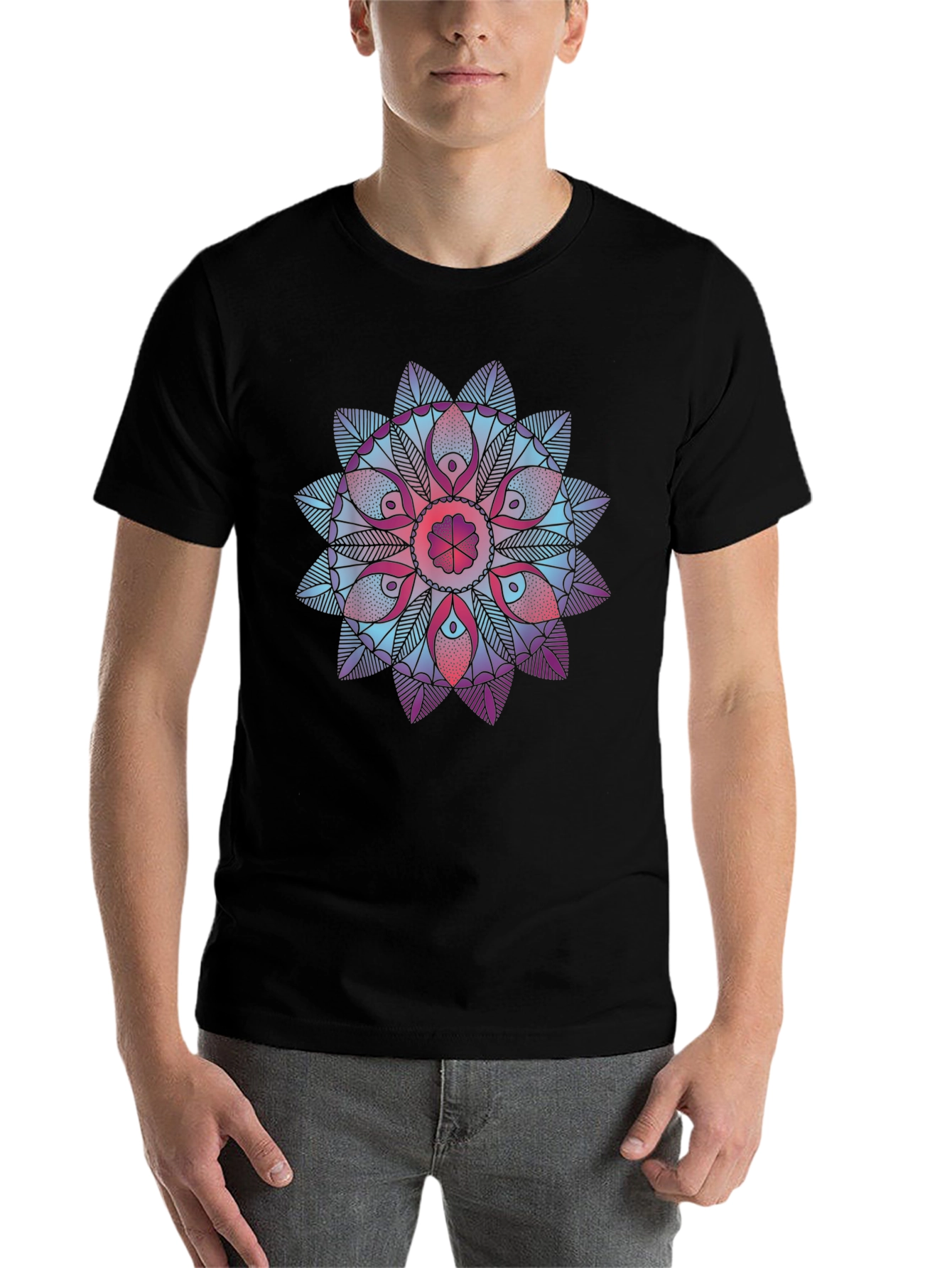 Black Geometric Mandala Print Black T-Shirt view 7