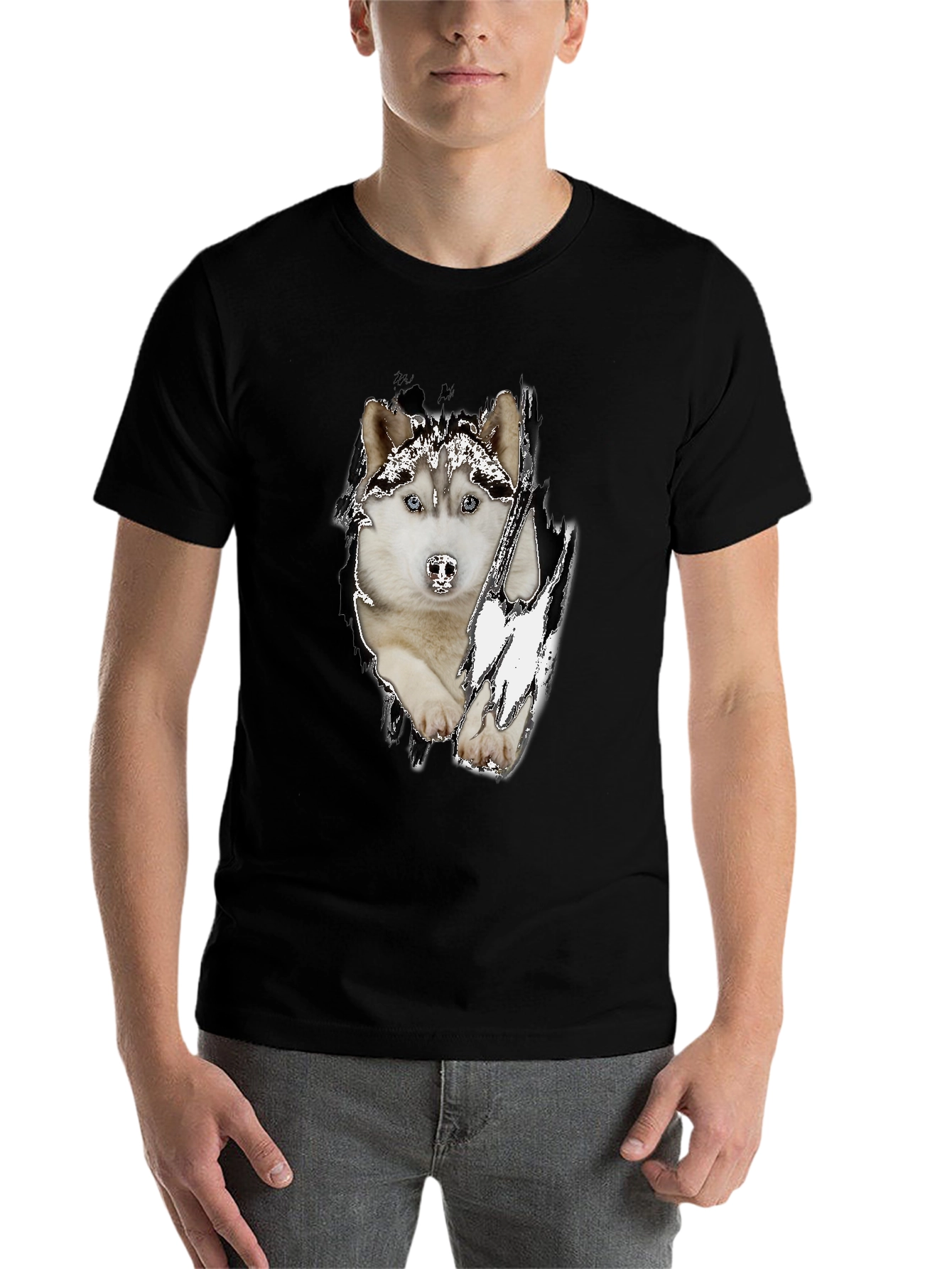 Black Husky Dog Graphic Black T-Shirt for Men view 7