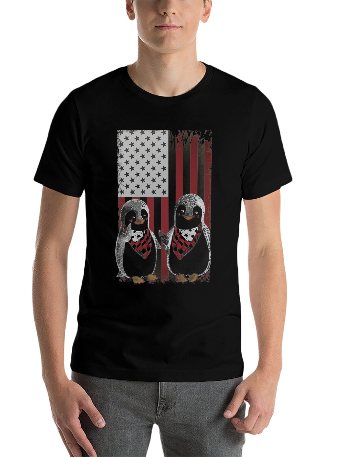 Black Patriotic Penguin American Flag Graphic T-Shirt view 7