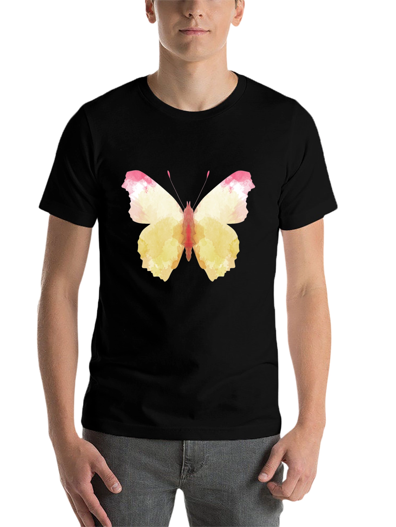 Black Butterfly Watercolor Graphic Tee - Black Cotton Casual Shirt view 7