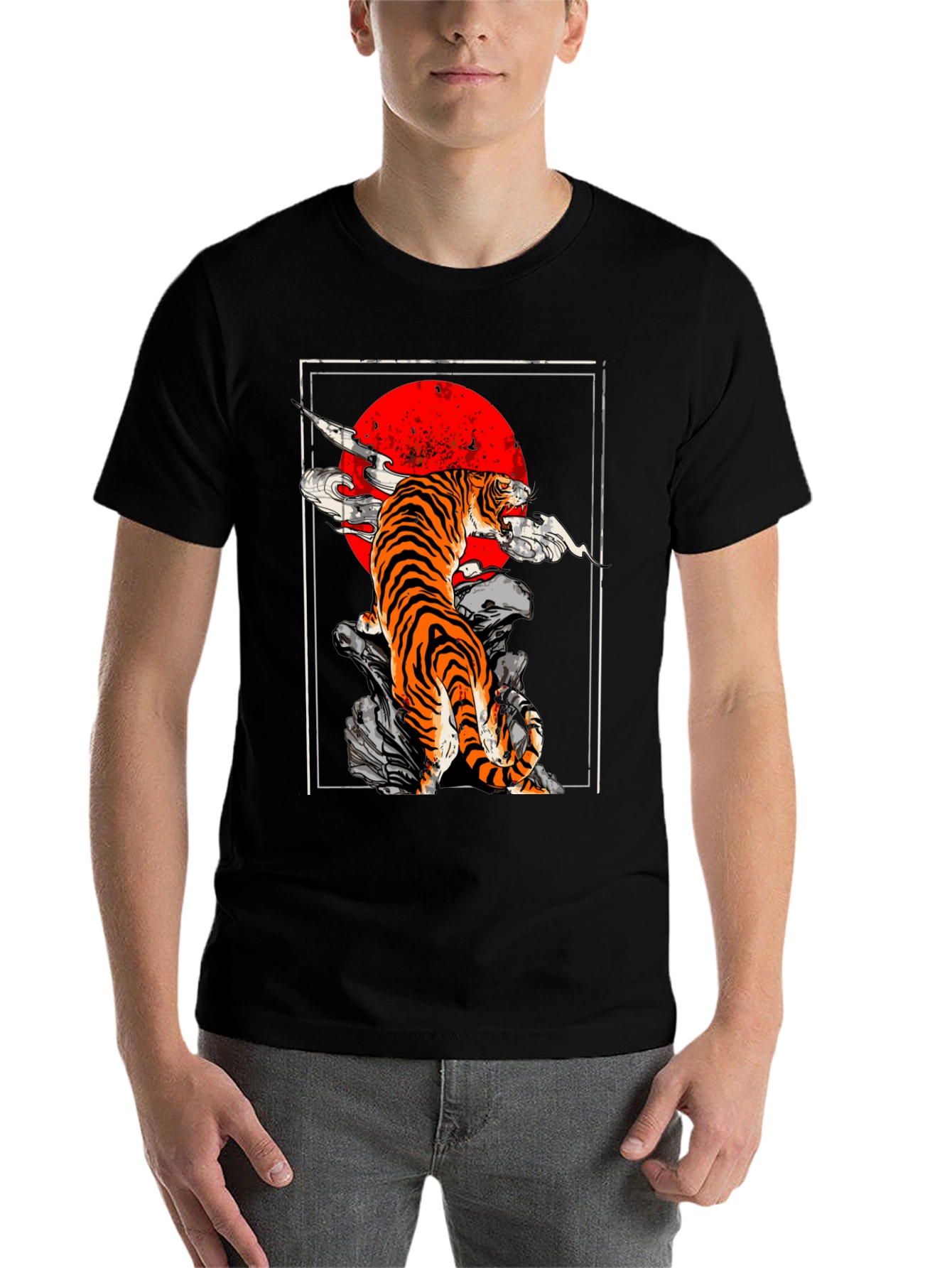 Black Tiger Red Sun Graphic Tee - Black Cotton T-Shirt view 7