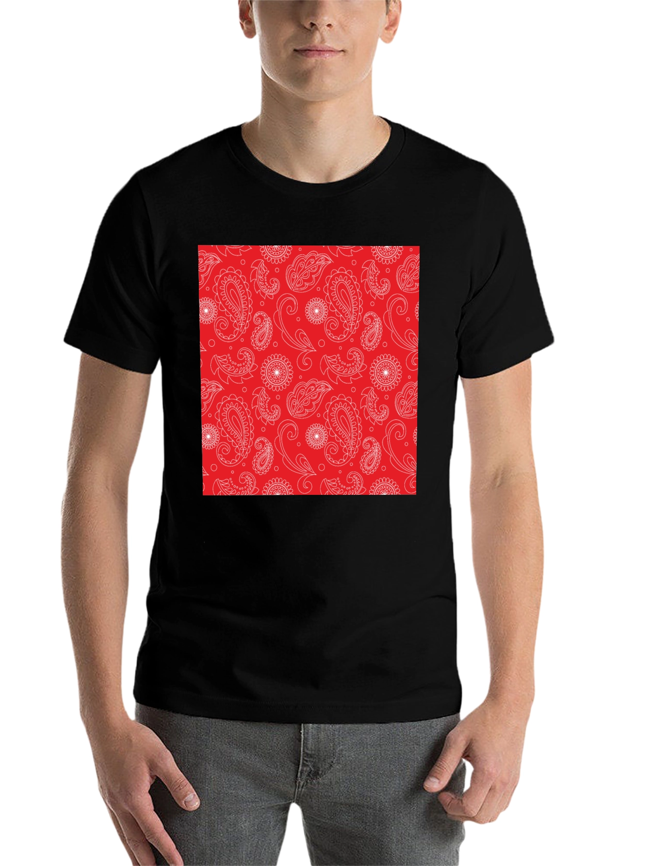 Black Red Paisley Patterned T-Shirt - Classic Style view 7
