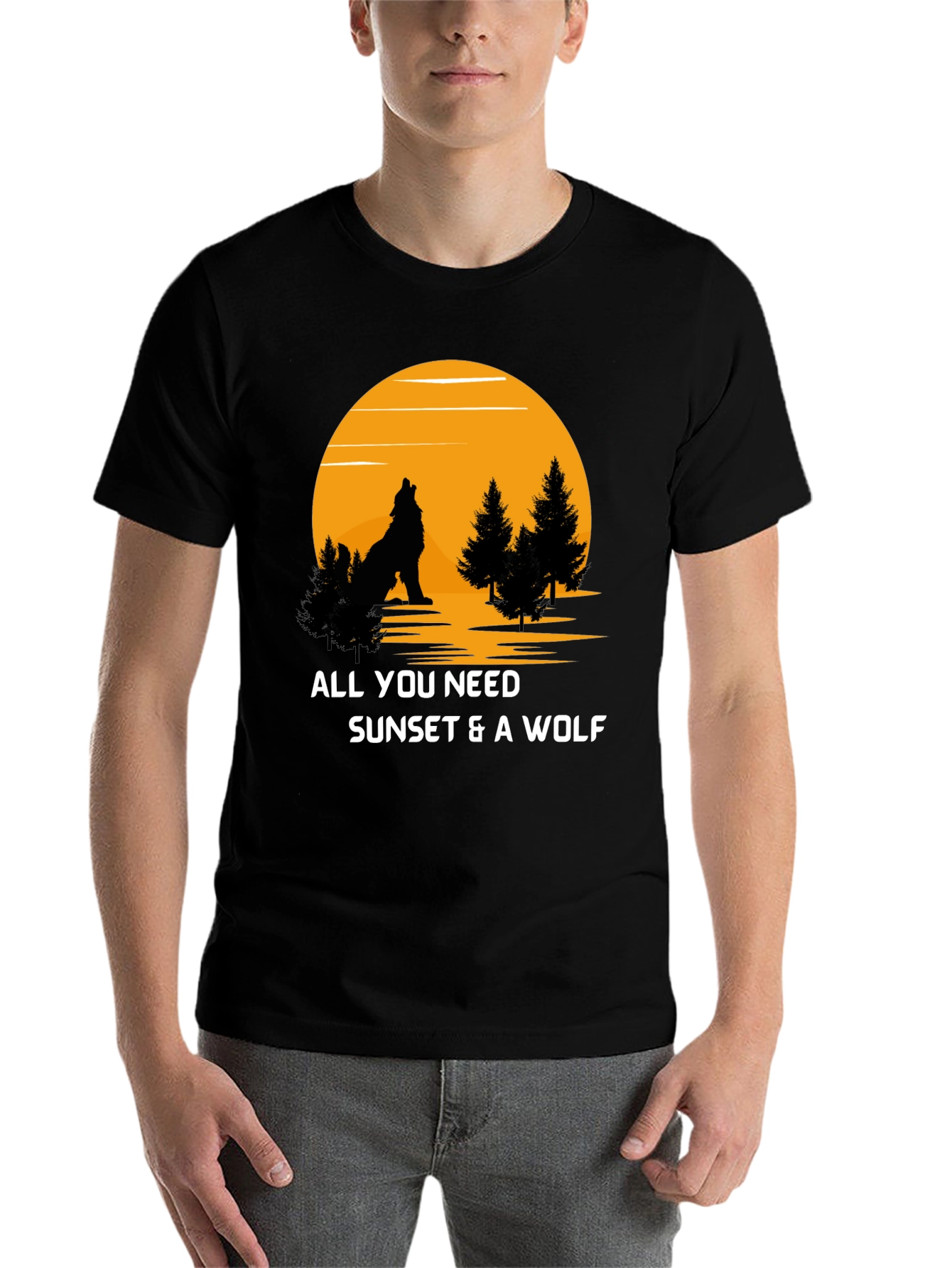 Black Sunset Wolf Graphic T-Shirt view 7