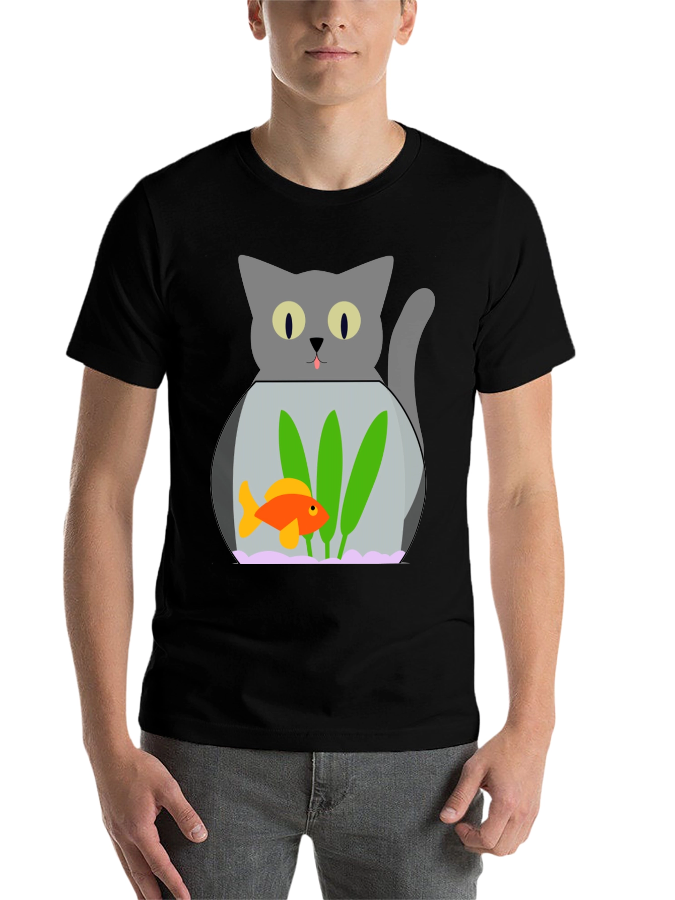 Black Cat & Goldfish Bowl Graphic T-Shirt - Novelty Tee view 7