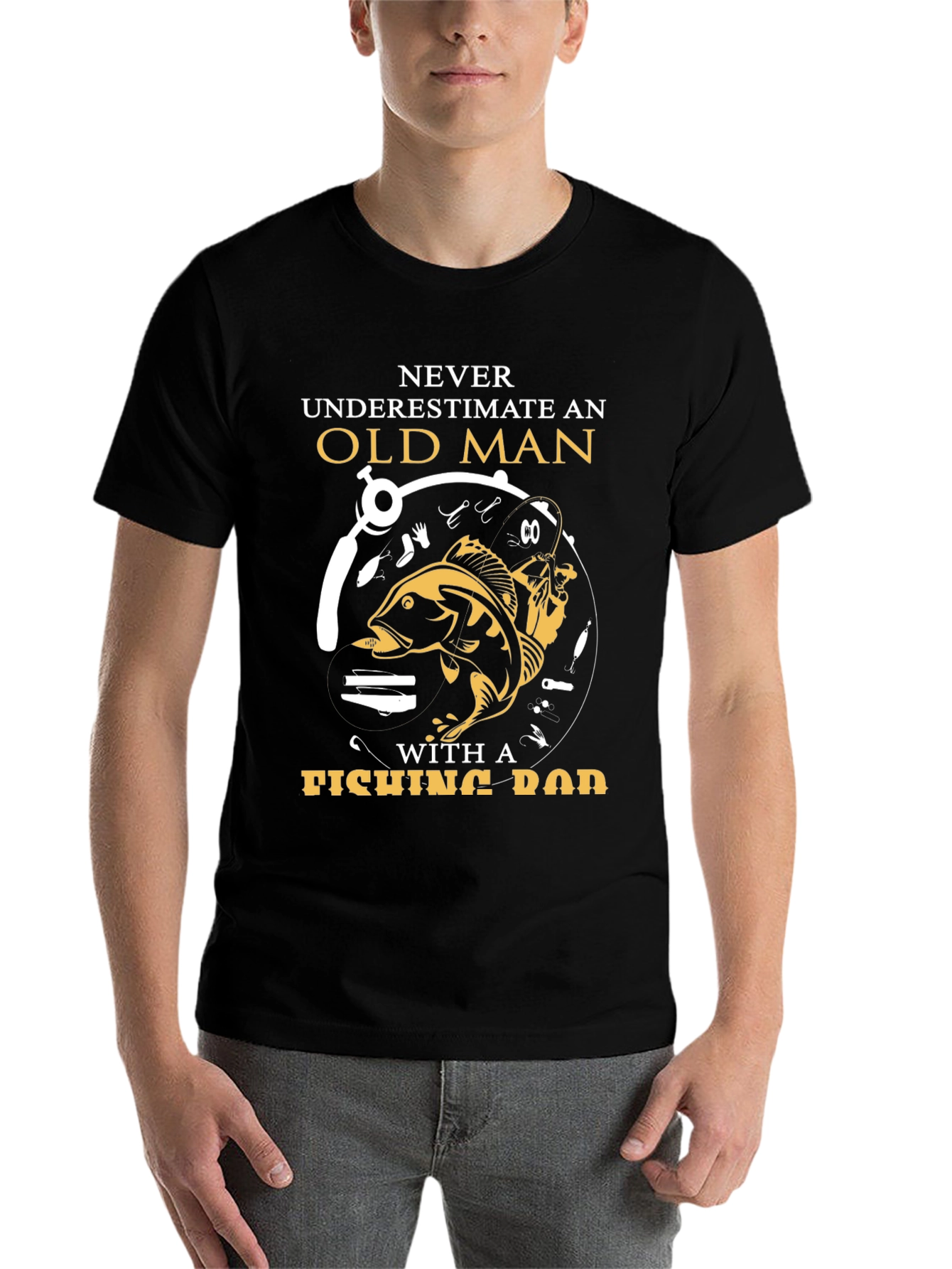 Black Never Underestimate Old Man Fishing Rod T-Shirt view 7