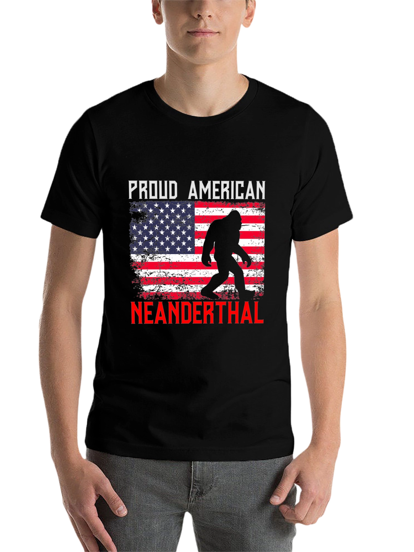 Black Proud American Neanderthal T-Shirt view 7