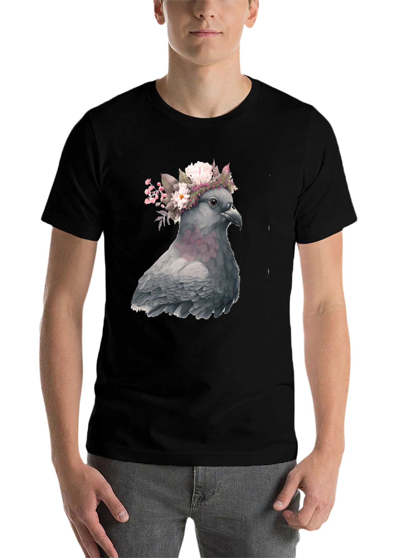 Black Pigeon Floral Crown Graphic Tee - Unique Bird Lover's Shirt view 7