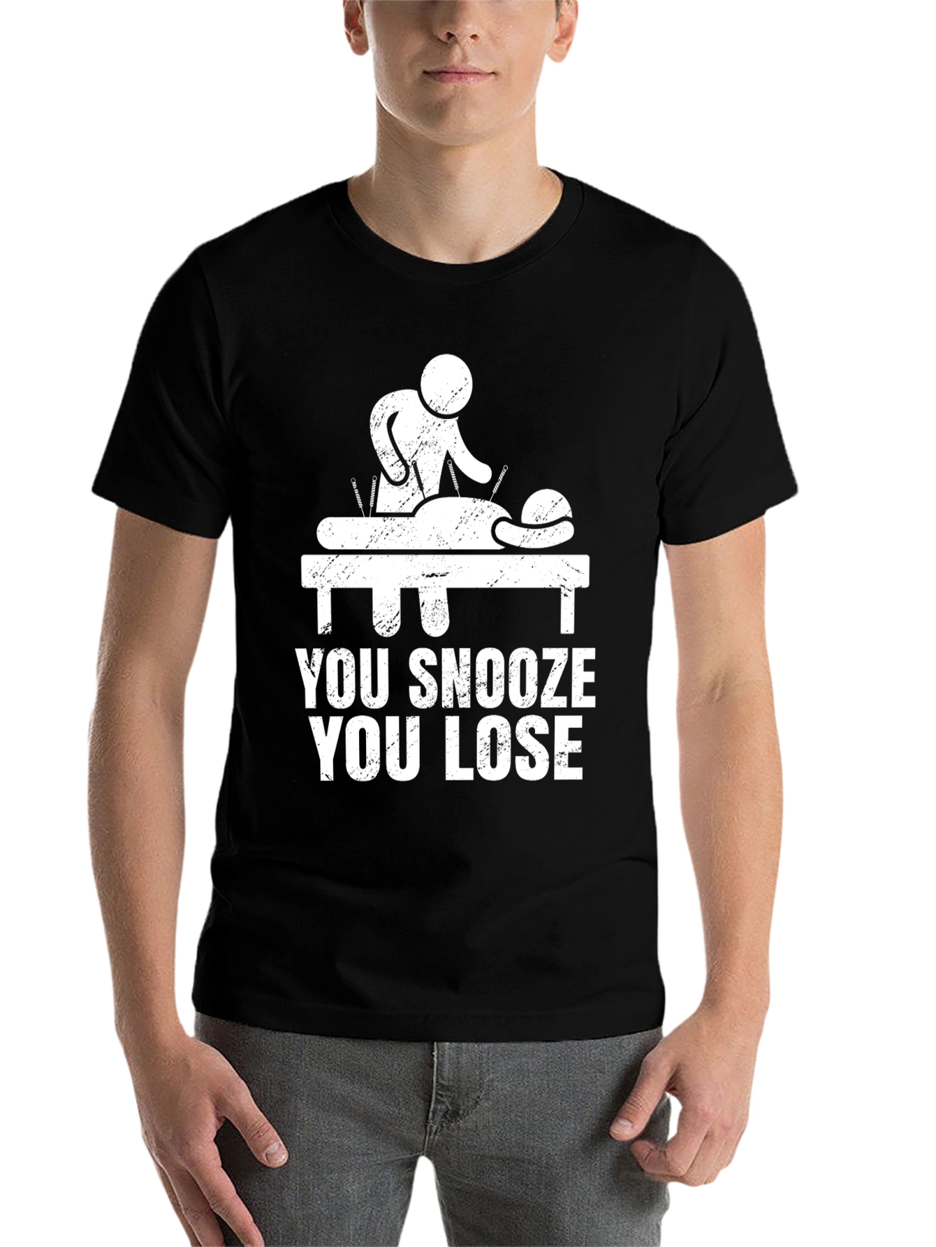 Black Acupuncture Funny Tee - You Snooze You Lose Black T-Shirt view 7