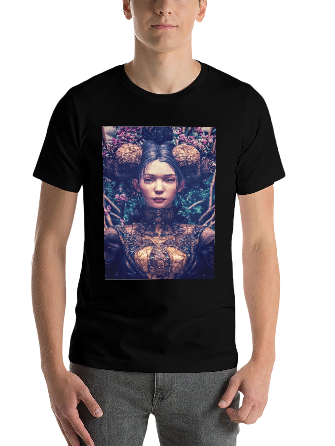 Black Artistic Floral Portrait Graphic Tee - Black view 7