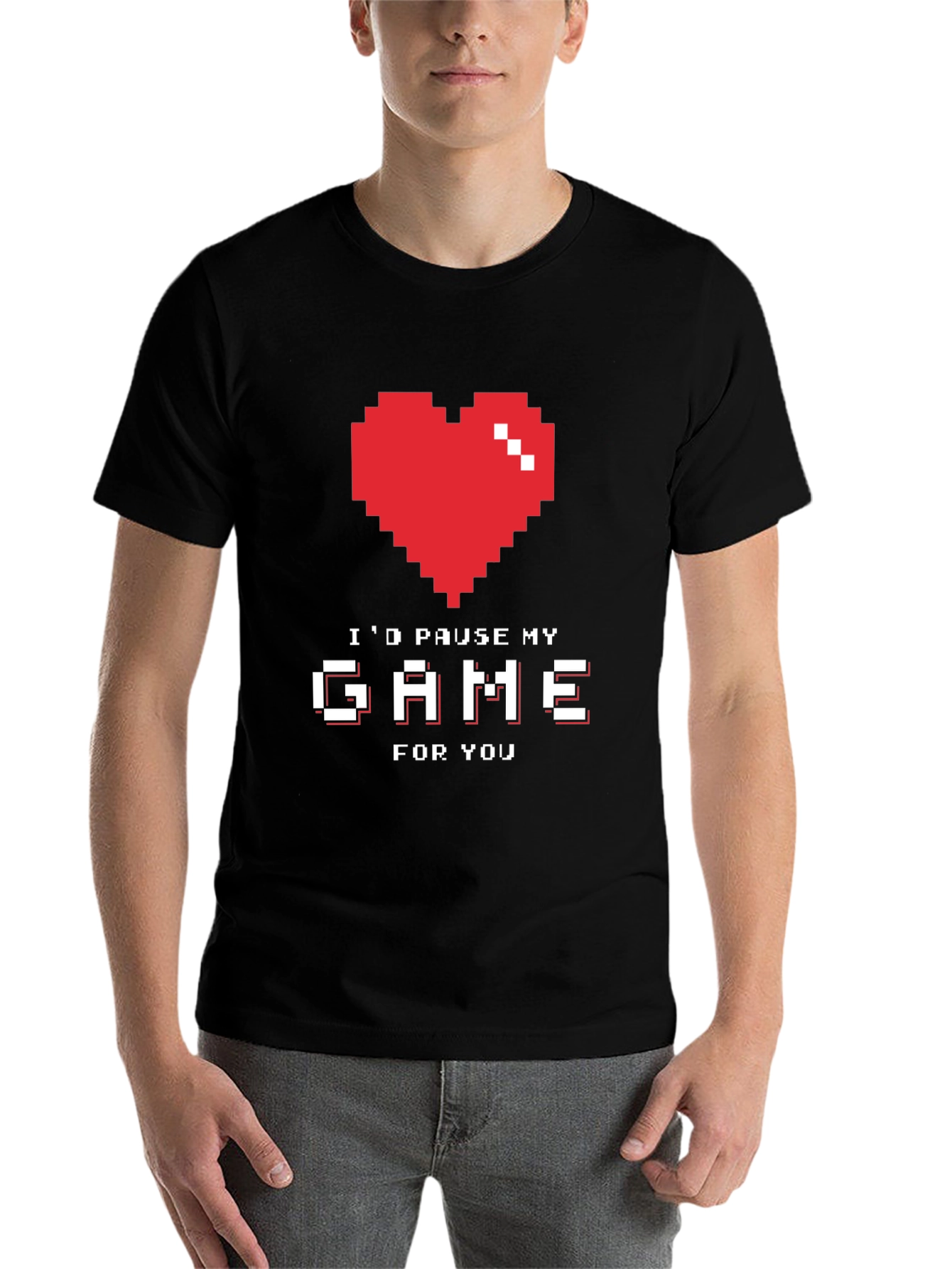 Black Gamer Love T-Shirt - I'd Pause My Game For You - Pixel Heart view 7