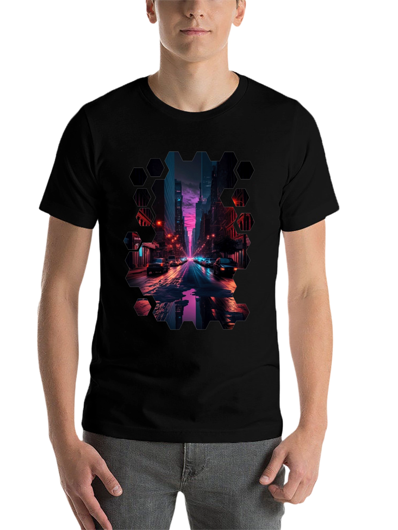Black Cyberpunk Cityscape T-Shirt view 7