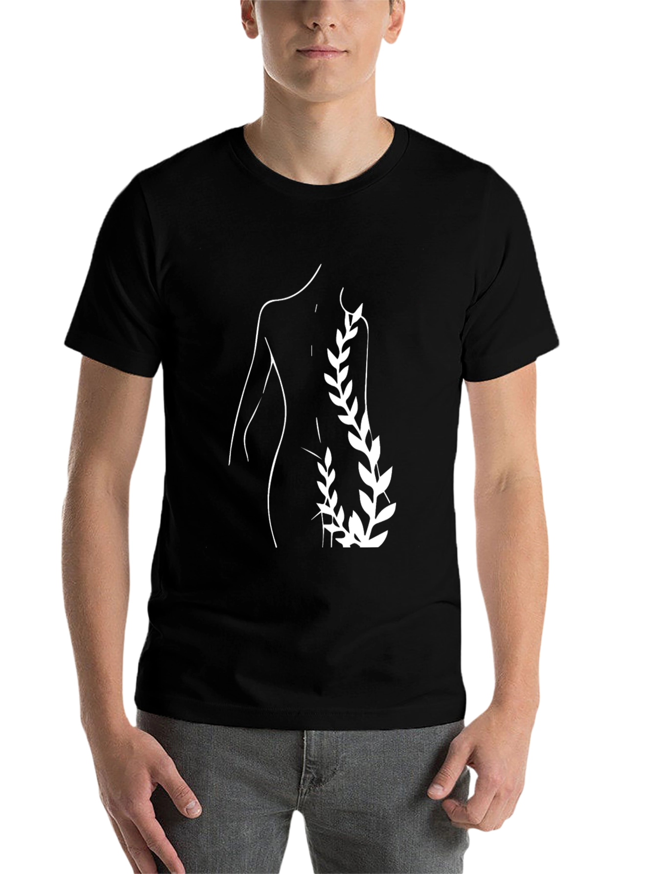 Black Minimalist Silhouette & Leaf Design Black T-Shirt view 7
