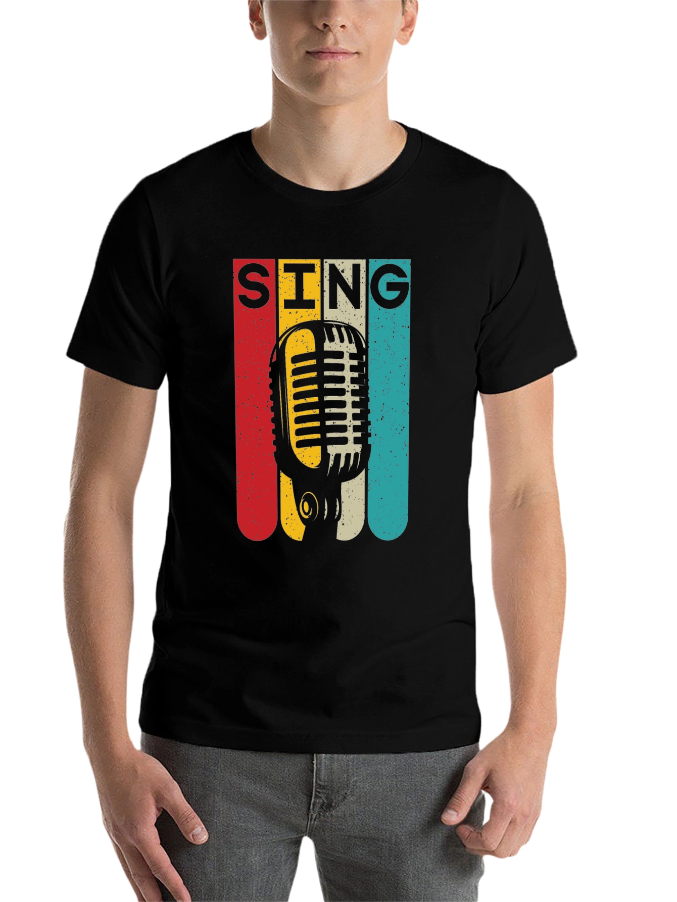 Black Retro Microphone SING Graphic Tee view 7