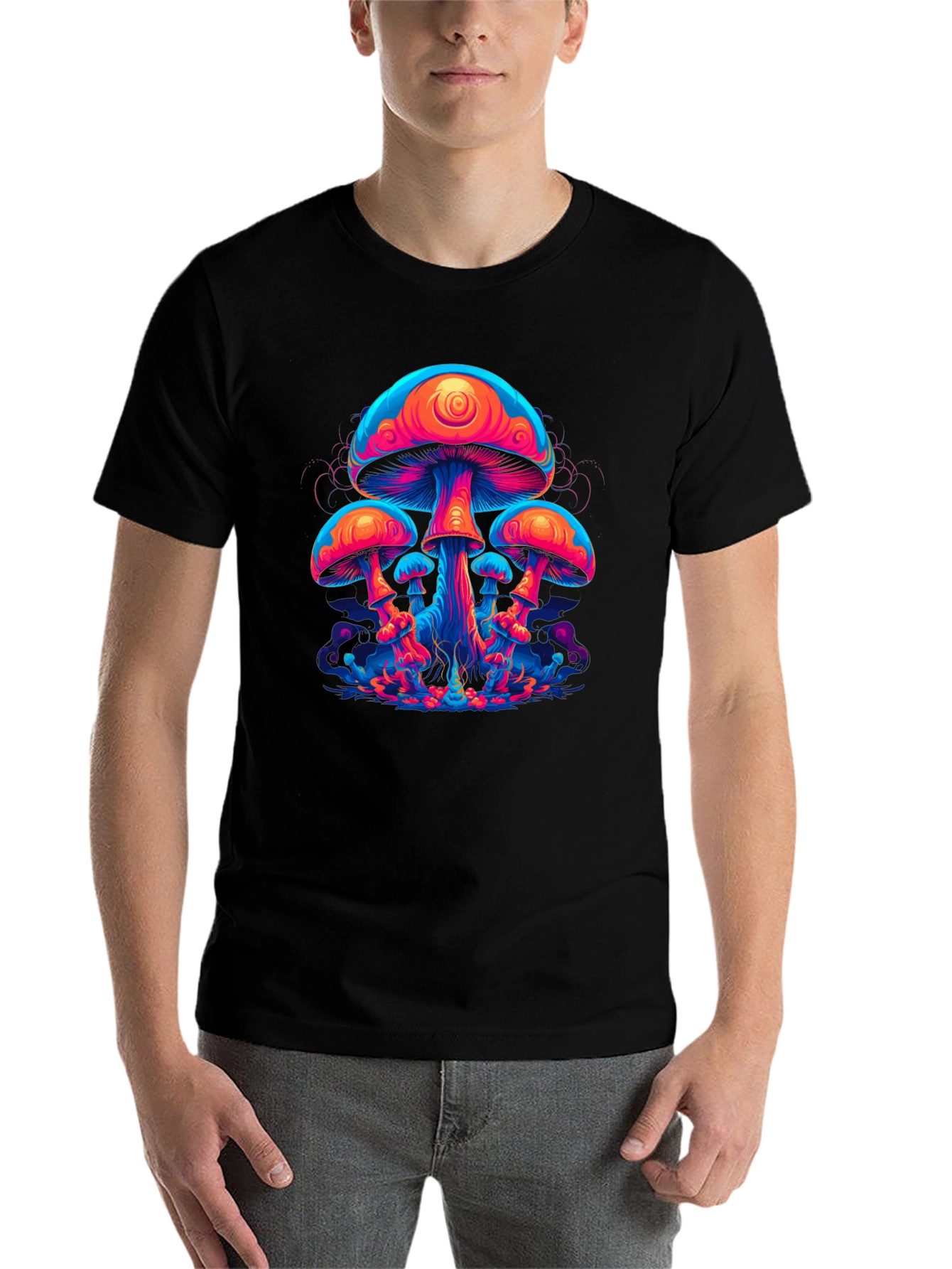 Black Neon Mushroom Graphic Tee - Psychedelic Black T-Shirt view 7