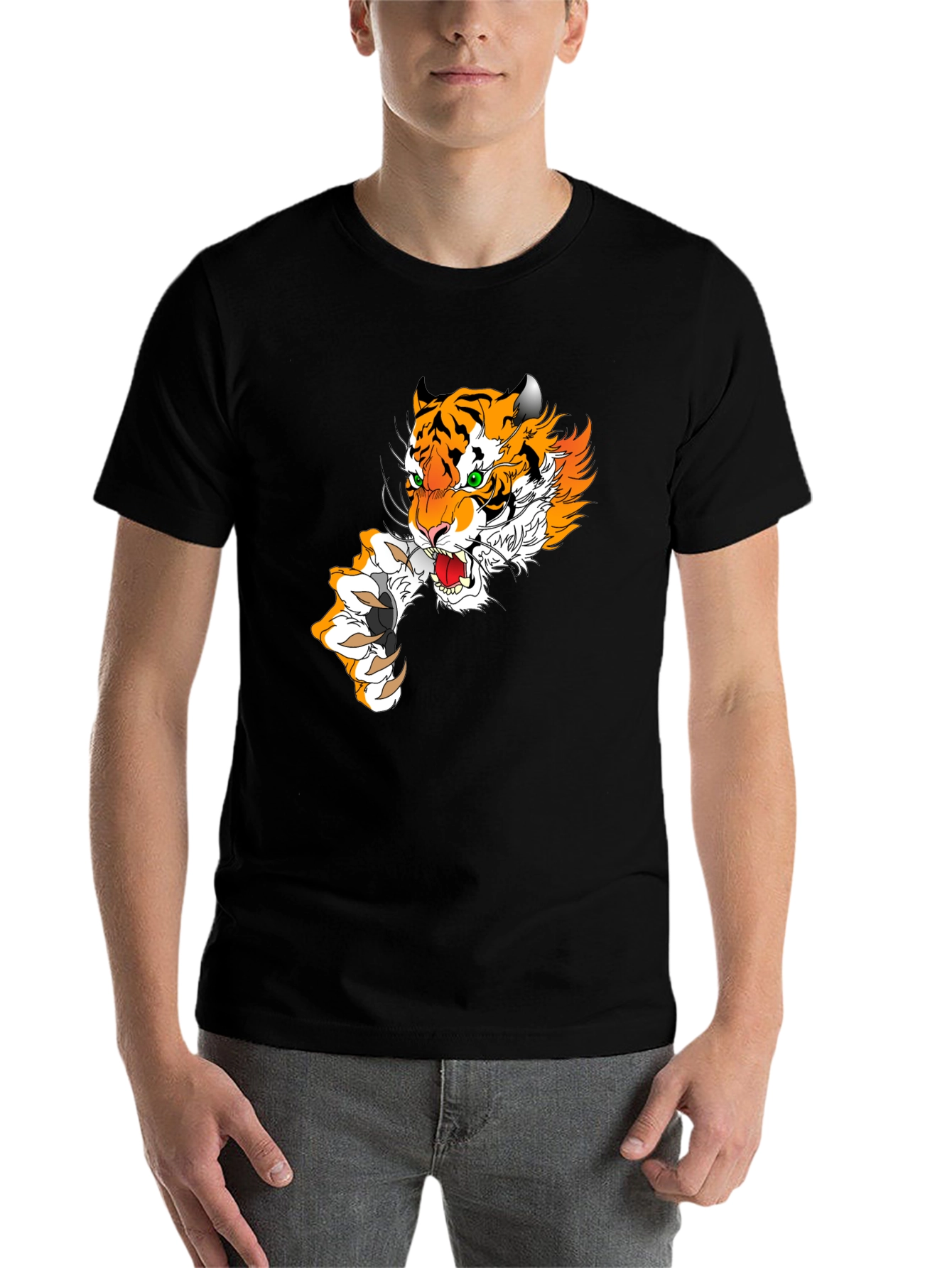 Black Tiger Graphic Print Men's T-Shirt - Black view 7