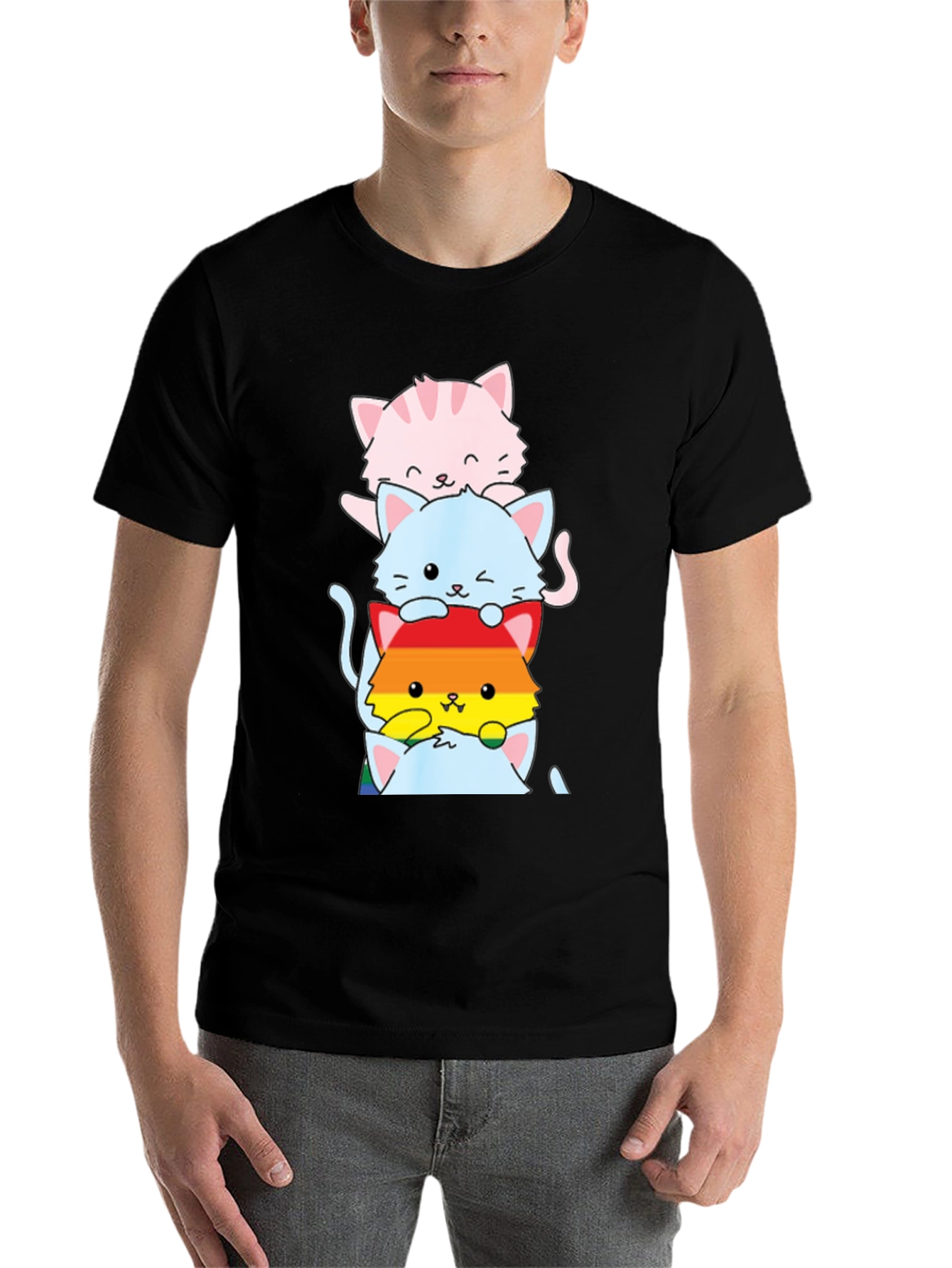 Black Stacked LGBTQ+ Cats T-Shirt view 7