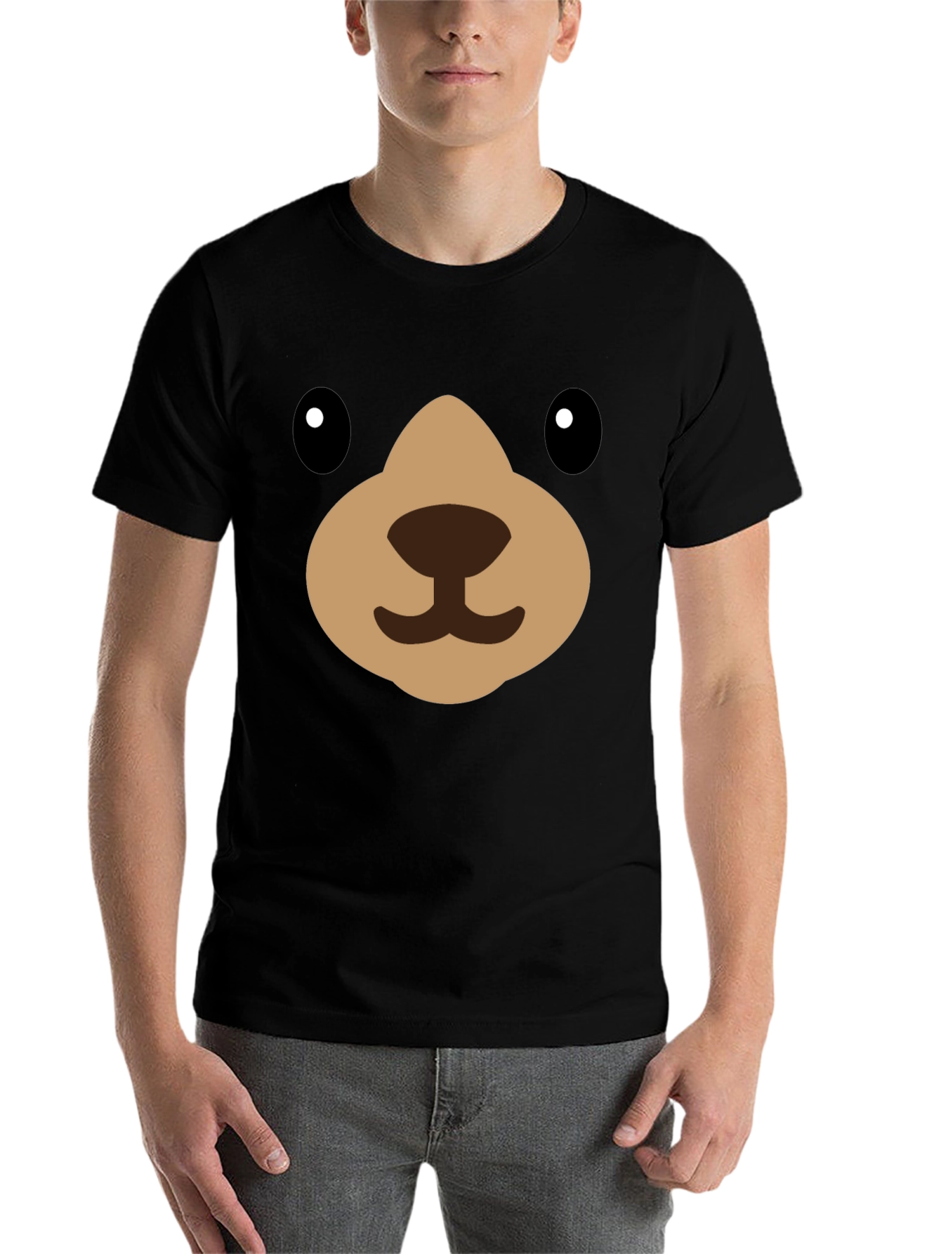 Black Cute Cartoon Bear Face Black T-Shirt view 7