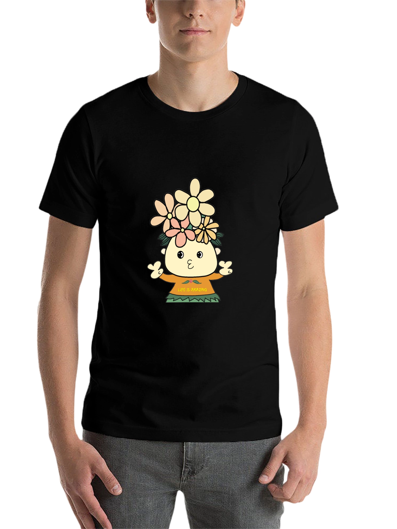 Black Black T-Shirt with Cartoon Flower Child Design view 7