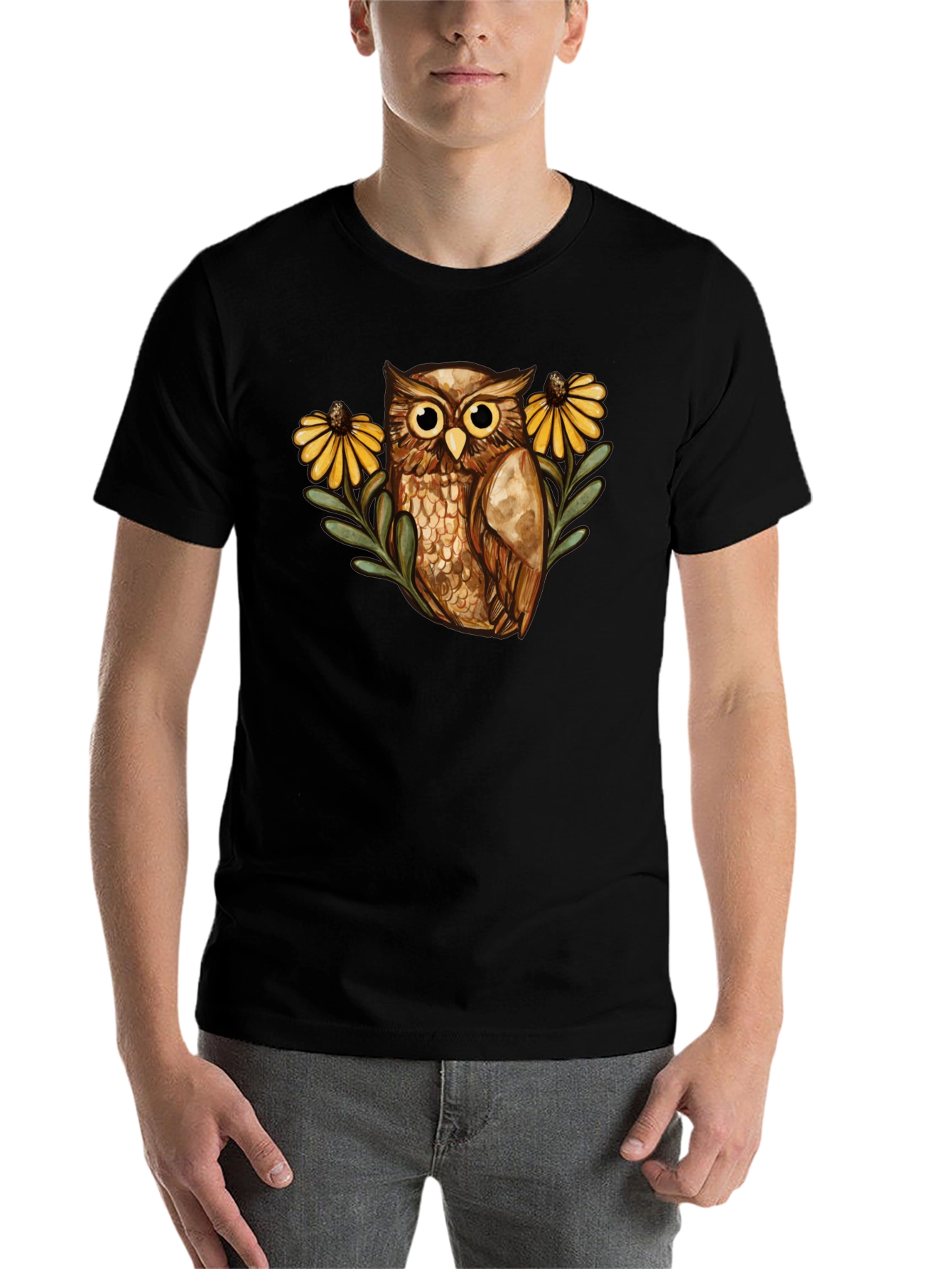 Black Owl and Sunflower Graphic Tee - Black view 7