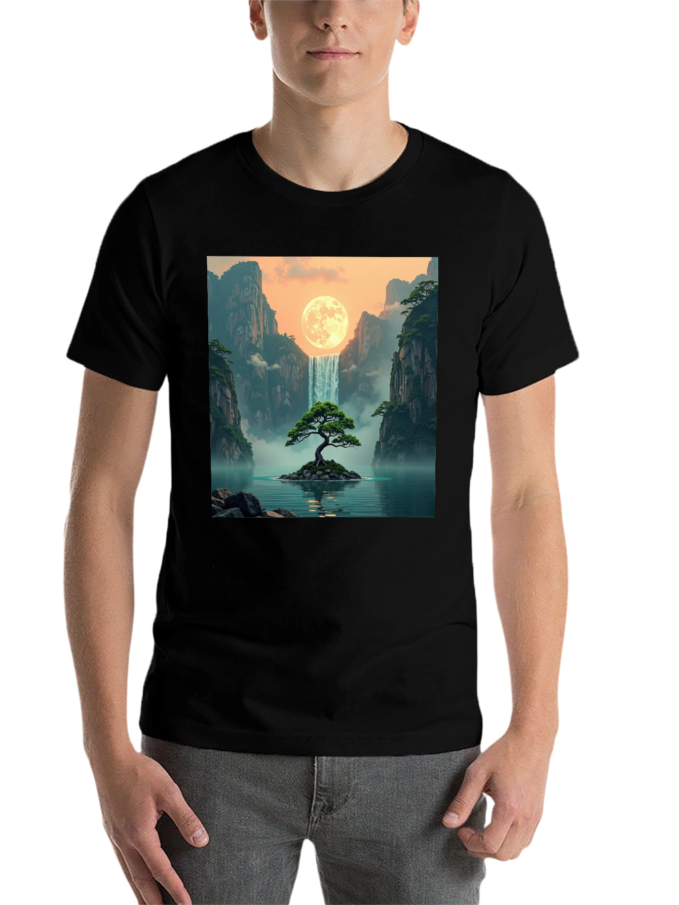 Black Waterfall Moon Bonsai Tree Graphic T-Shirt view 7