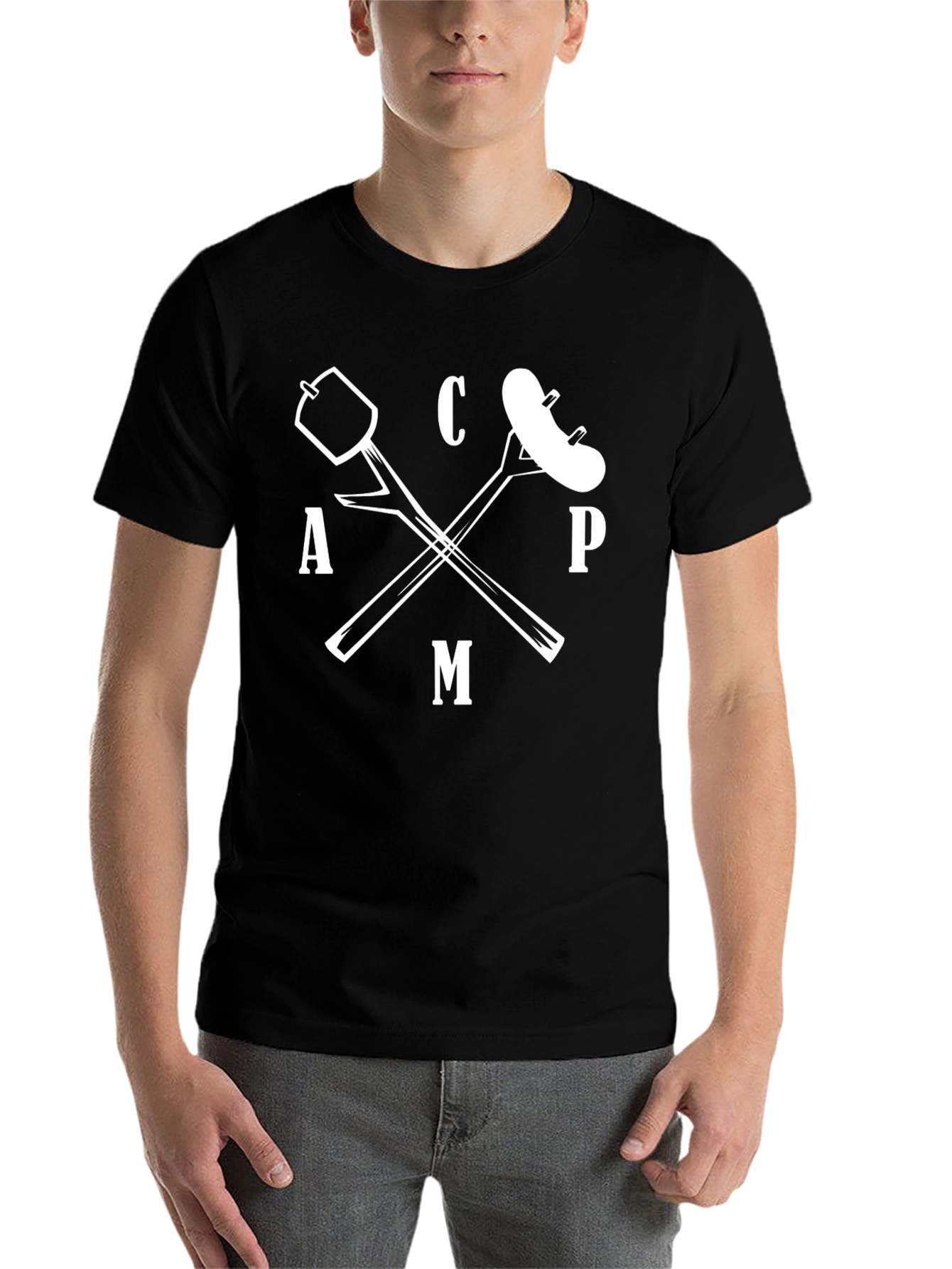 Black CAMP Graphic Tee - Marshmallow & Sausage Campfire Shirt view 7