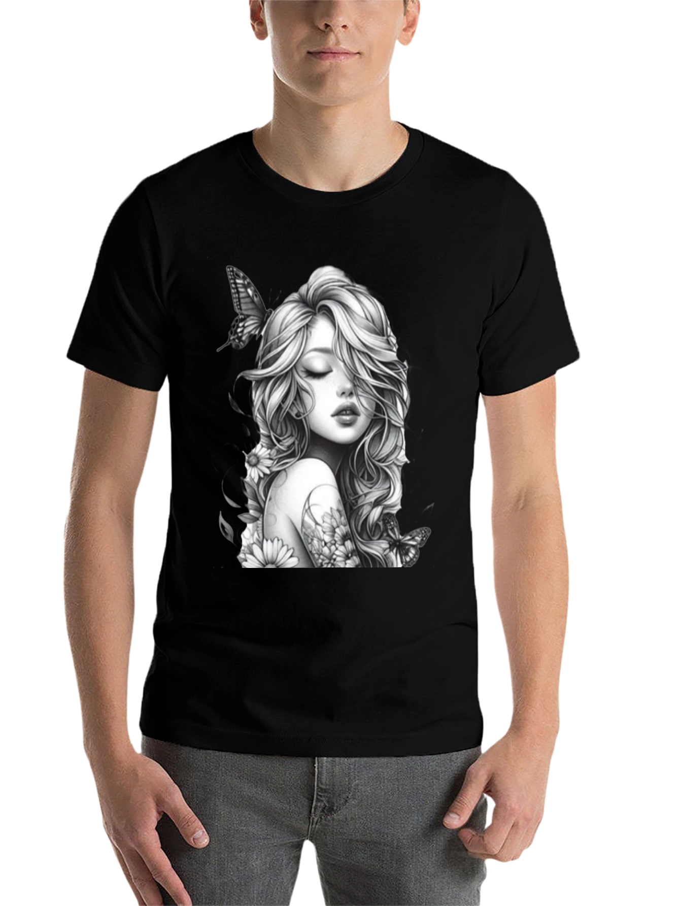 Black Black T-Shirt with Woman and Butterfly Design view 7
