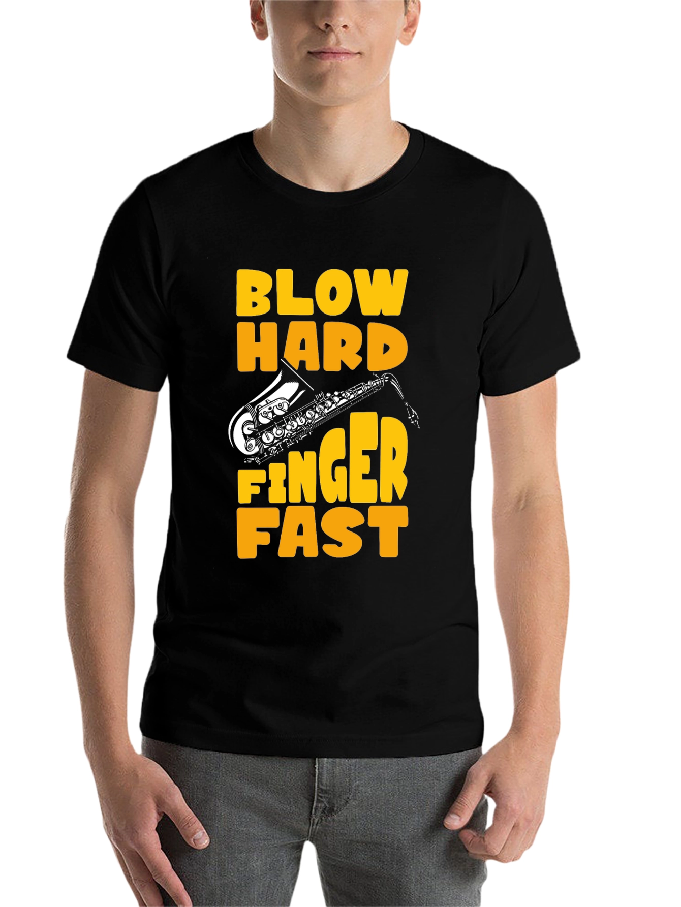 Black Blow Hard Finger Fast Saxophone Graphic Tee view 7