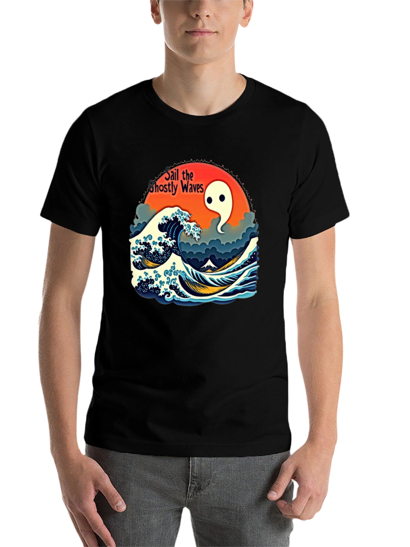 Black Ghostly Waves Graphic T-Shirt - Unisex view 7
