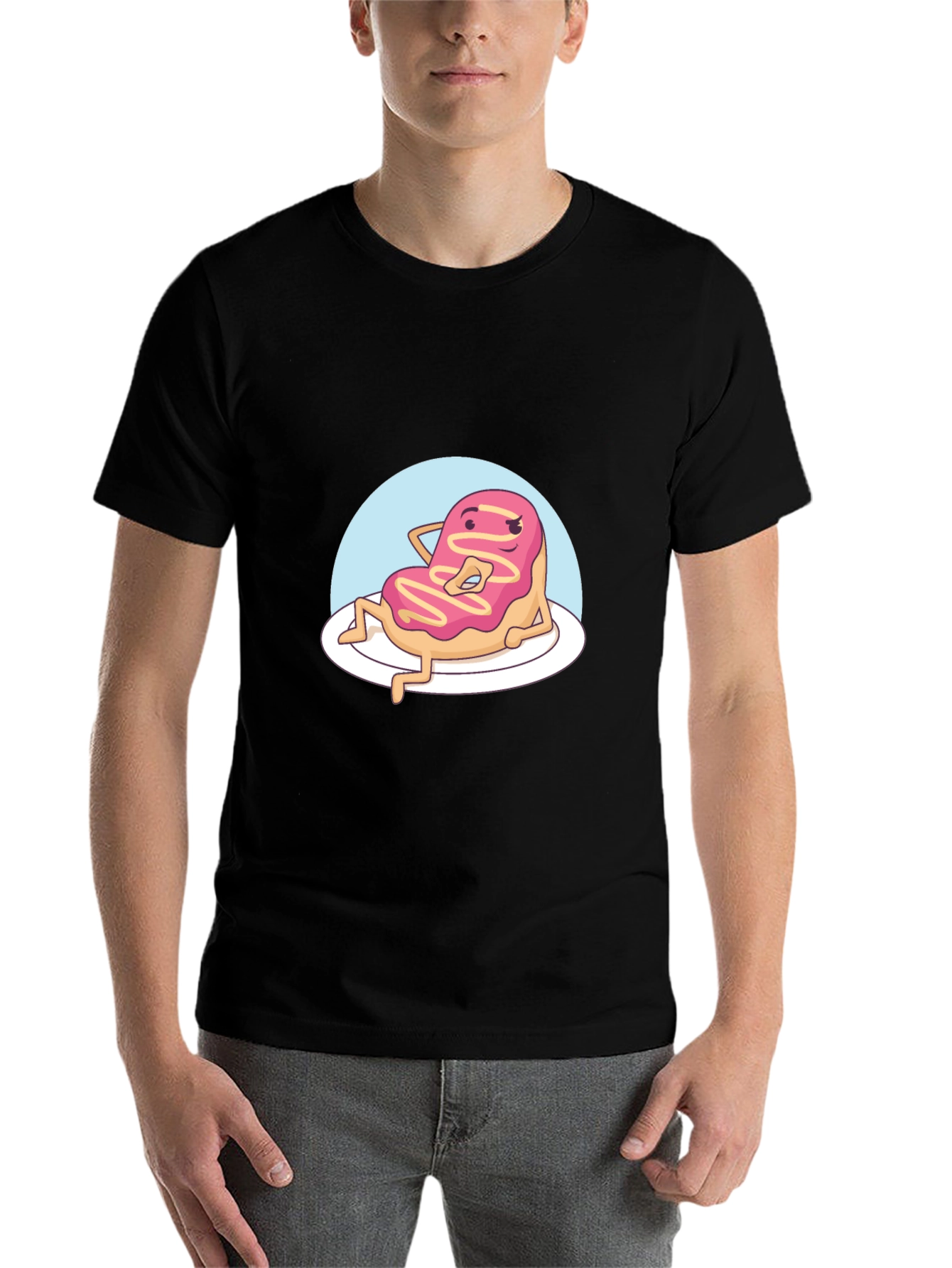 Black Funny Donut Cartoon T-Shirt - Black view 7