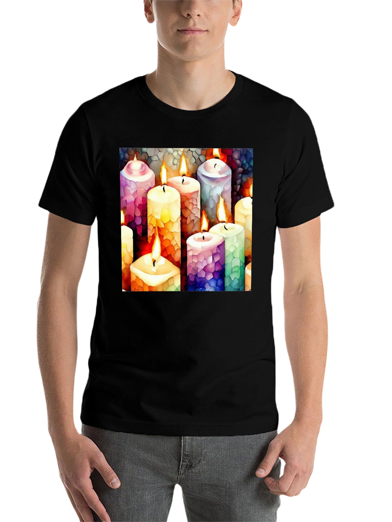 Black Artistic Candle Print Black T-Shirt view 7